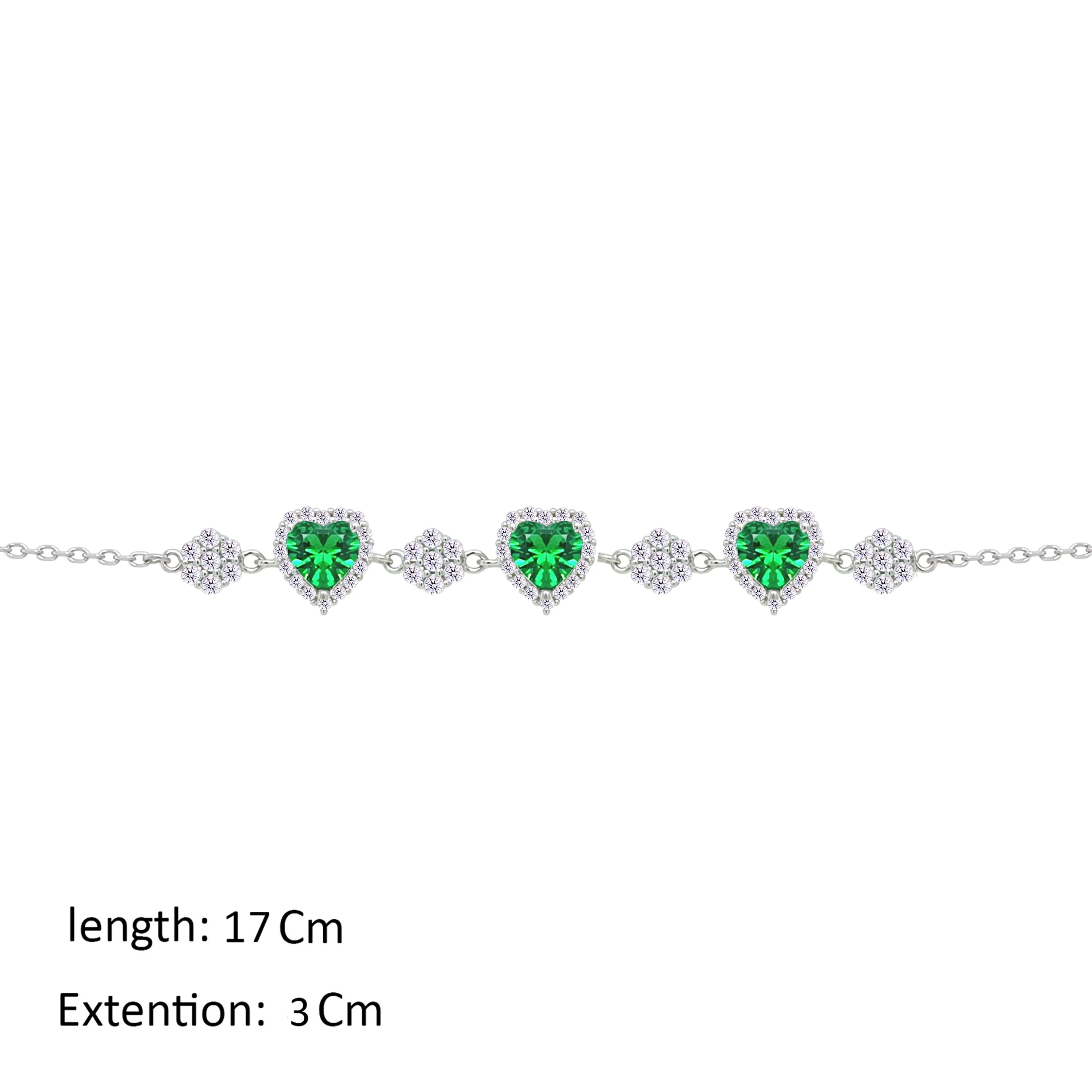 Asfour Crystal Chain Bracelet With Emerald Hearts Design In 925 Sterling Silver-BM0149-G - Image 2