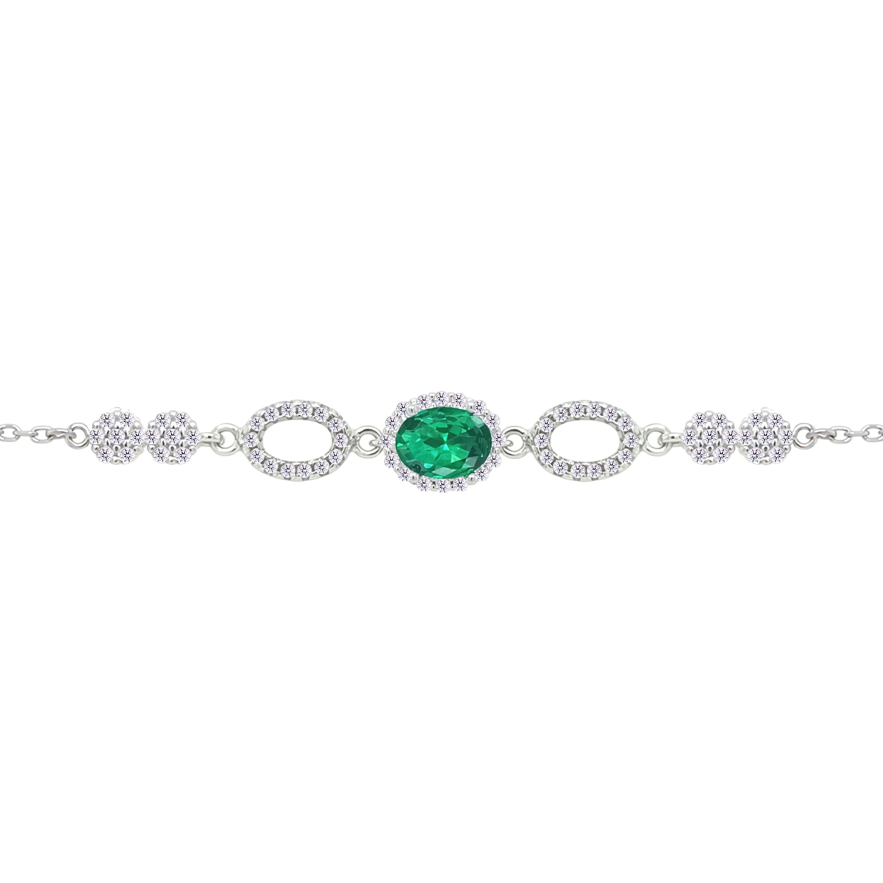 Asfour Crystal Chain Bracelet With Emerald Oval Design In 925 Sterling Silver-BM0156-WG