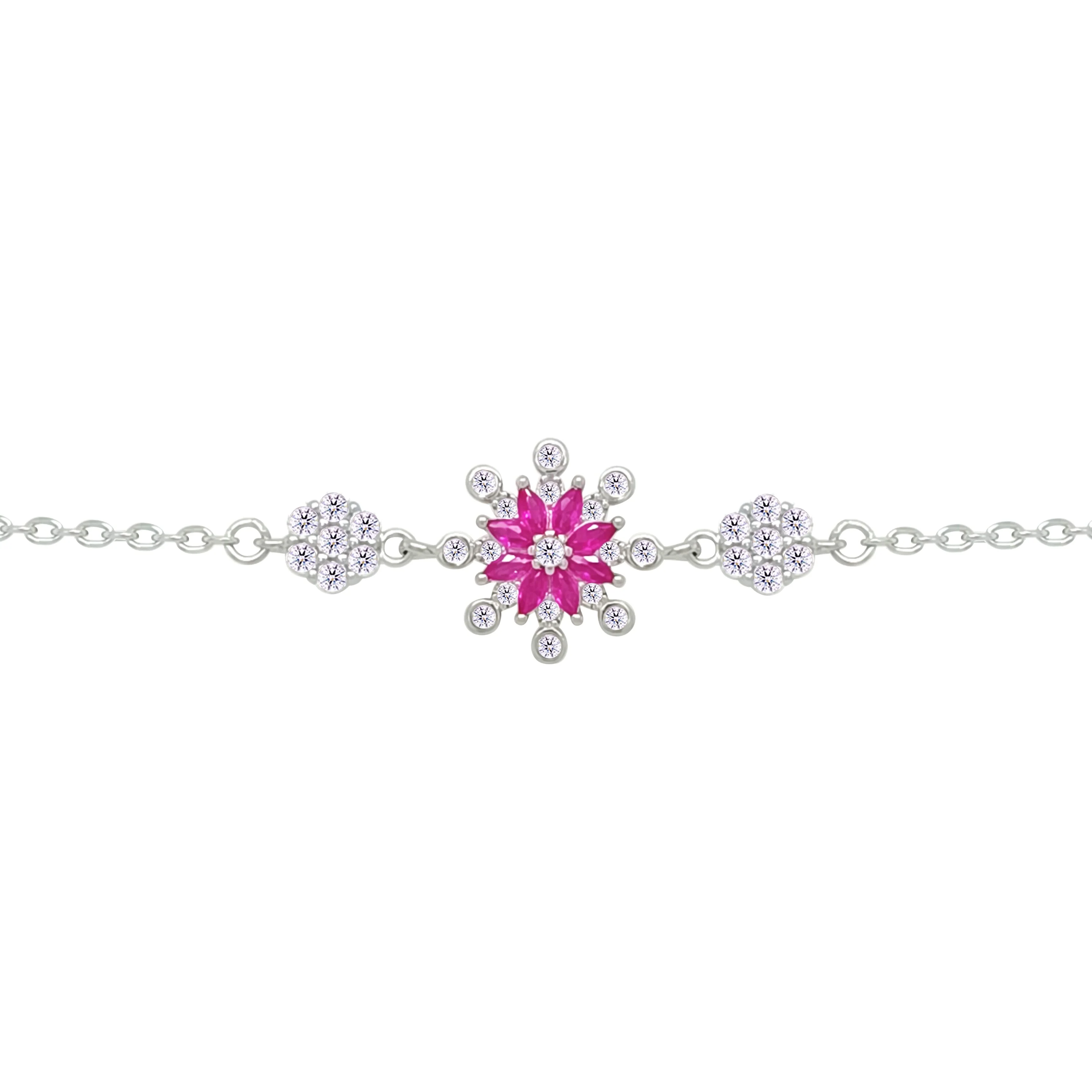 Asfour Crystal Chain Bracelet With Fuchsia Flower Design In 925 Sterling Silver-BM0157-WF