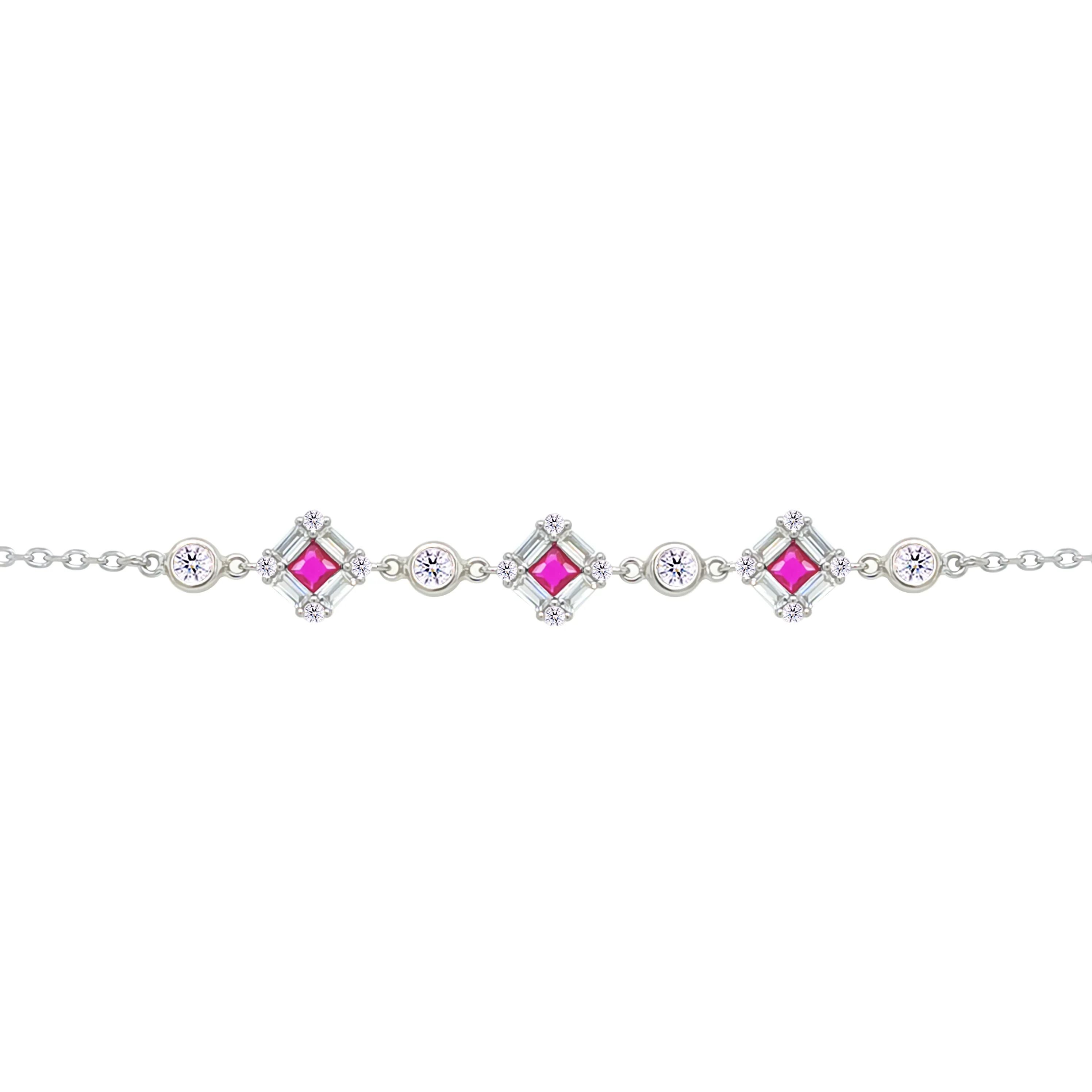 Asfour Crystal Chain Bracelet With Fuchsia Squares Design In 925 Sterling Silver-BM0162-WF