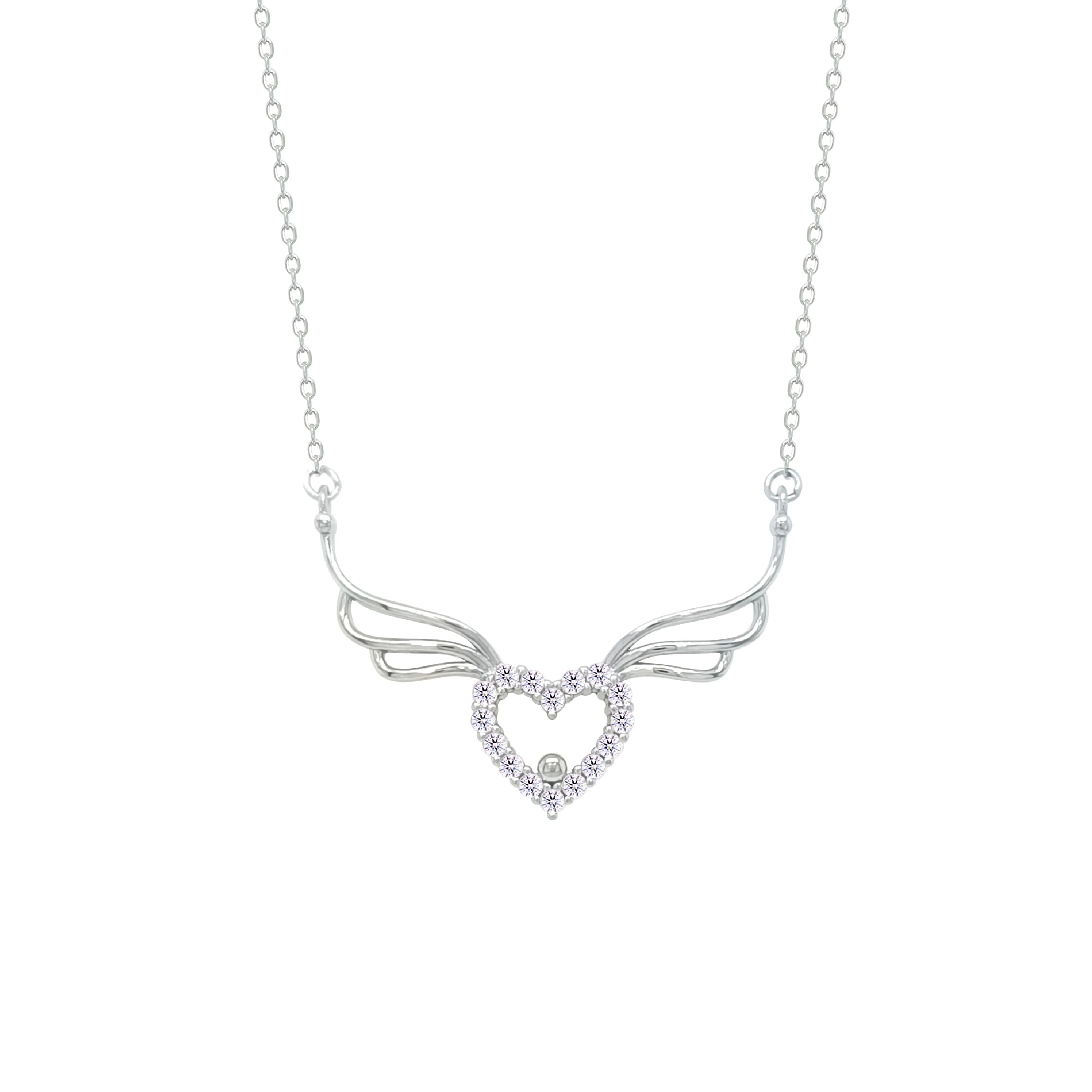 Asfour Crystal Chain Necklace With Angel Wings Heart Pendant In 925 Sterling Silver-NM0077 - Image 2