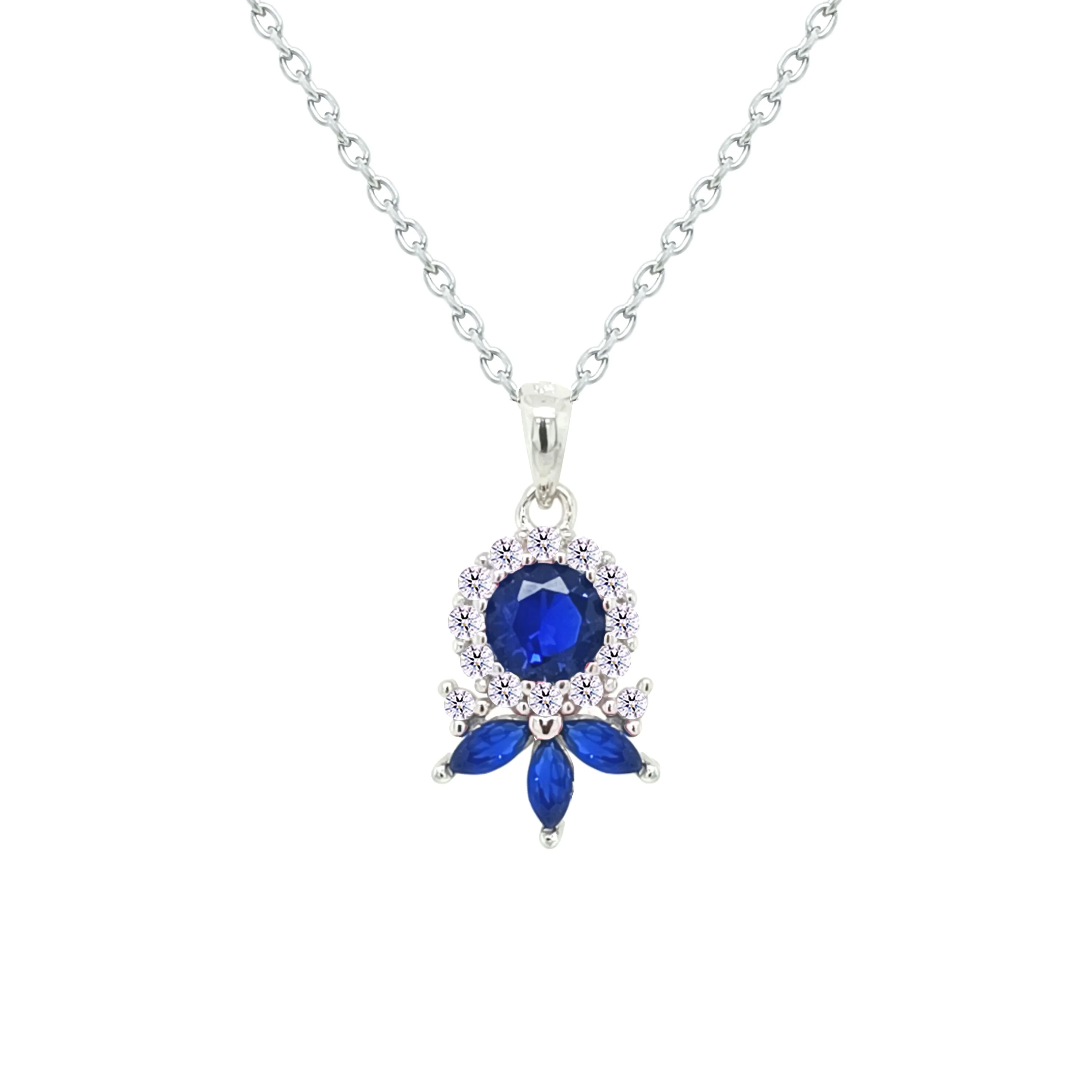 Asfour Crystal Chain Necklace With Art Deco Blue Round Design In 925 Sterling Silver-NM0092-B
