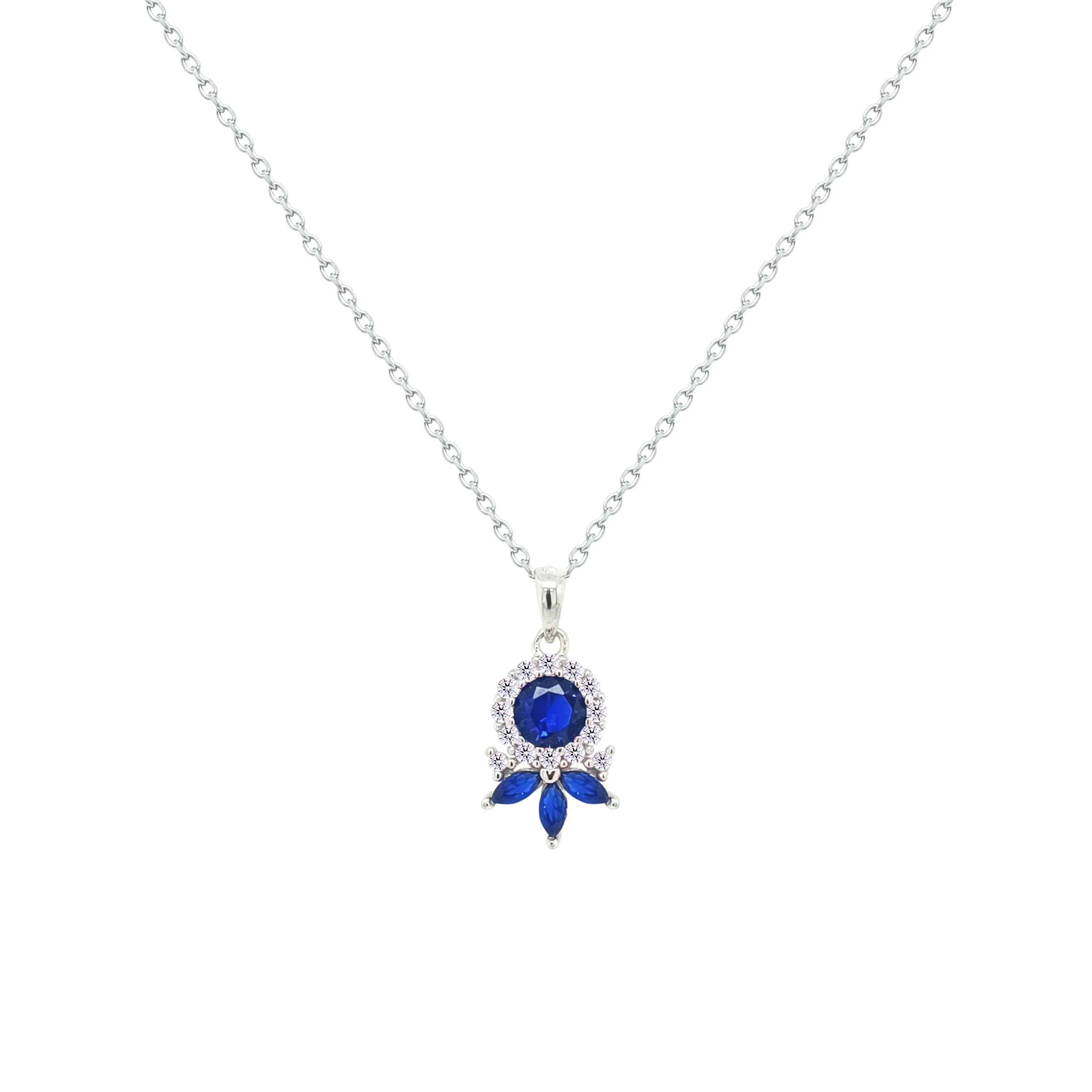 Asfour Crystal Chain Necklace With Art Deco Blue Round Design In 925 Sterling Silver-NM0092-B - Image 2