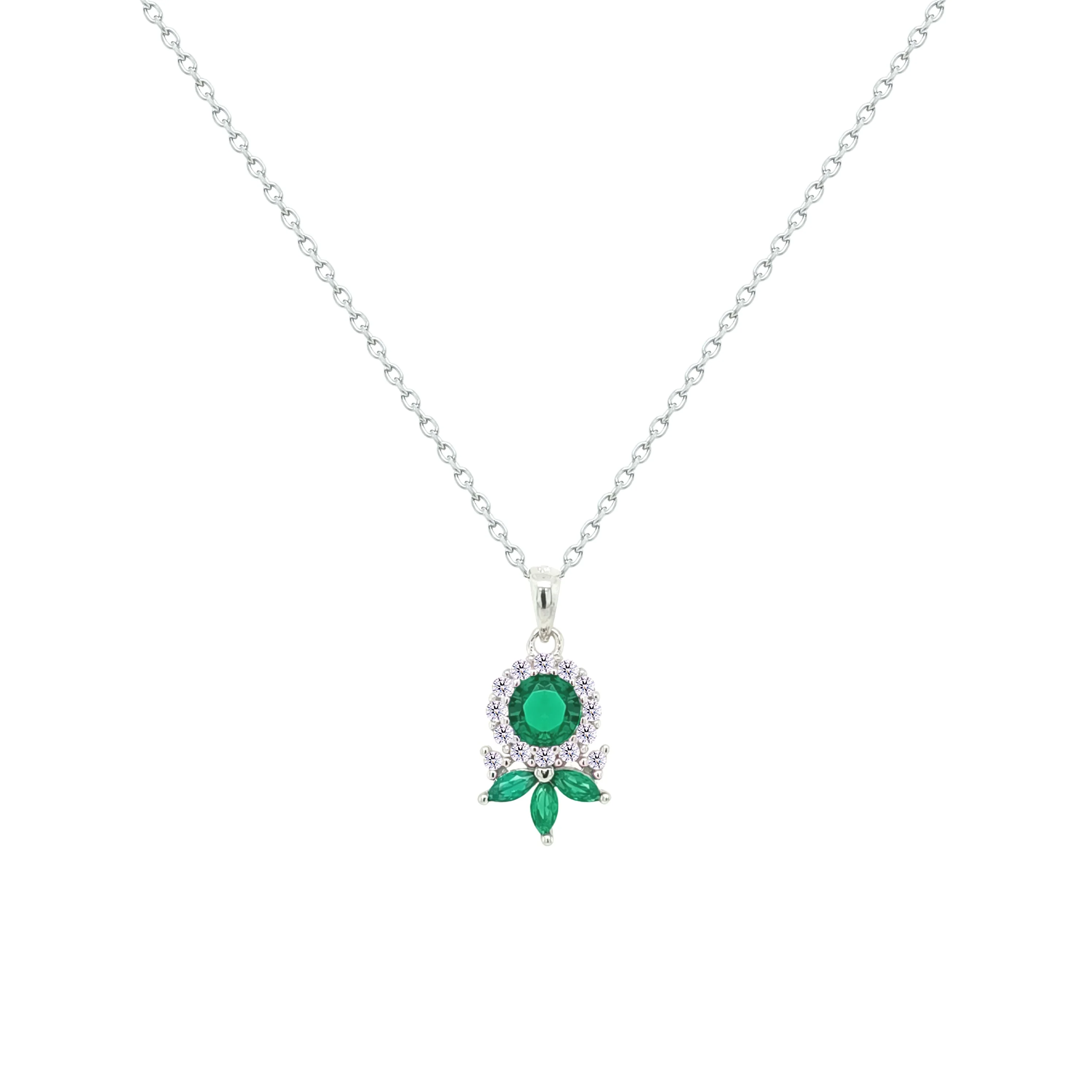 Asfour Crystal Chain Necklace With Art Deco Emerald Round Design In 925 Sterling Silver-NM0092-G - Image 2