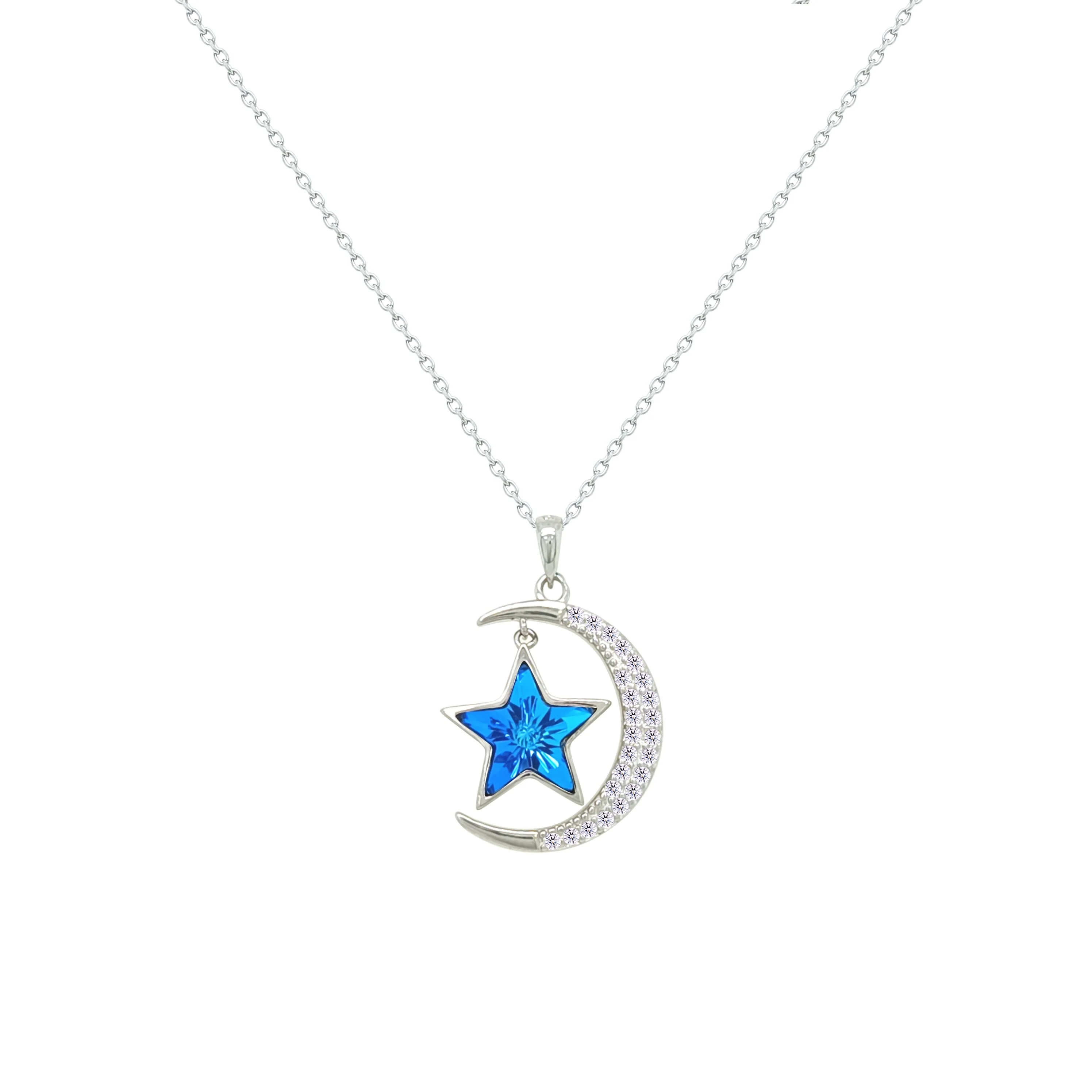 Asfour Crystal Chain Necklace With Blue Crescent & Star Design In 925 Sterling Silver-NM0093-WB - Image 2
