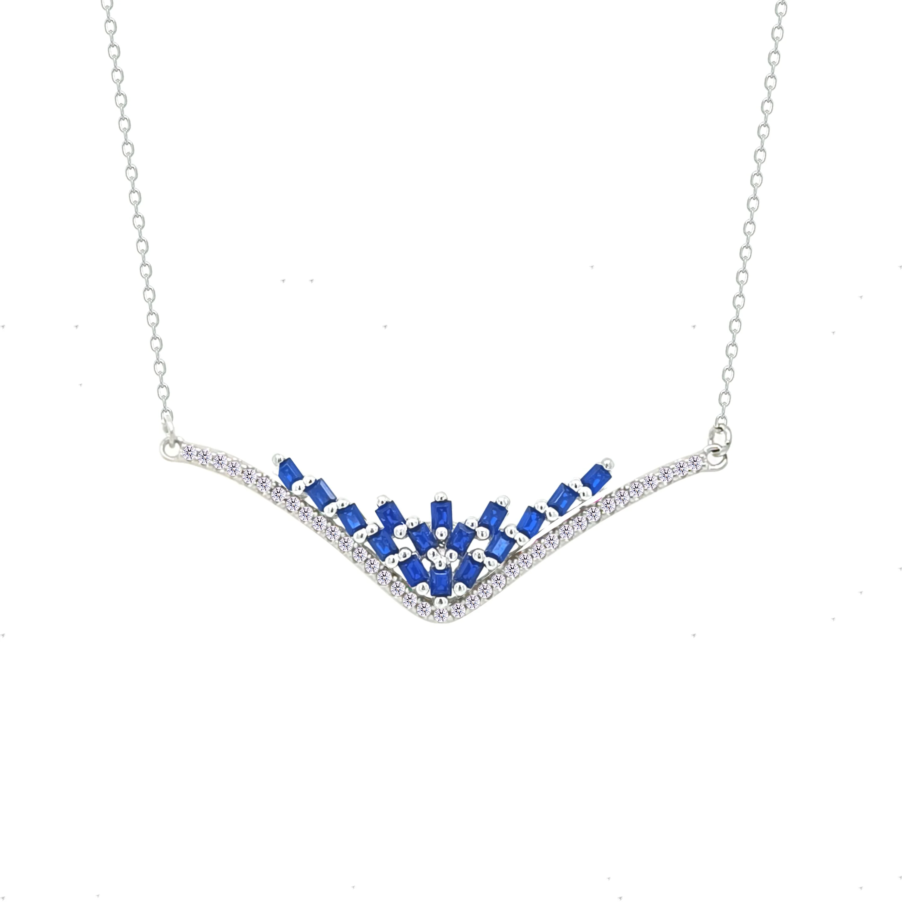 Asfour Crystal Chain Necklace With Blue Deer Antlers Design In 925 Sterling Silver-NM0101-B