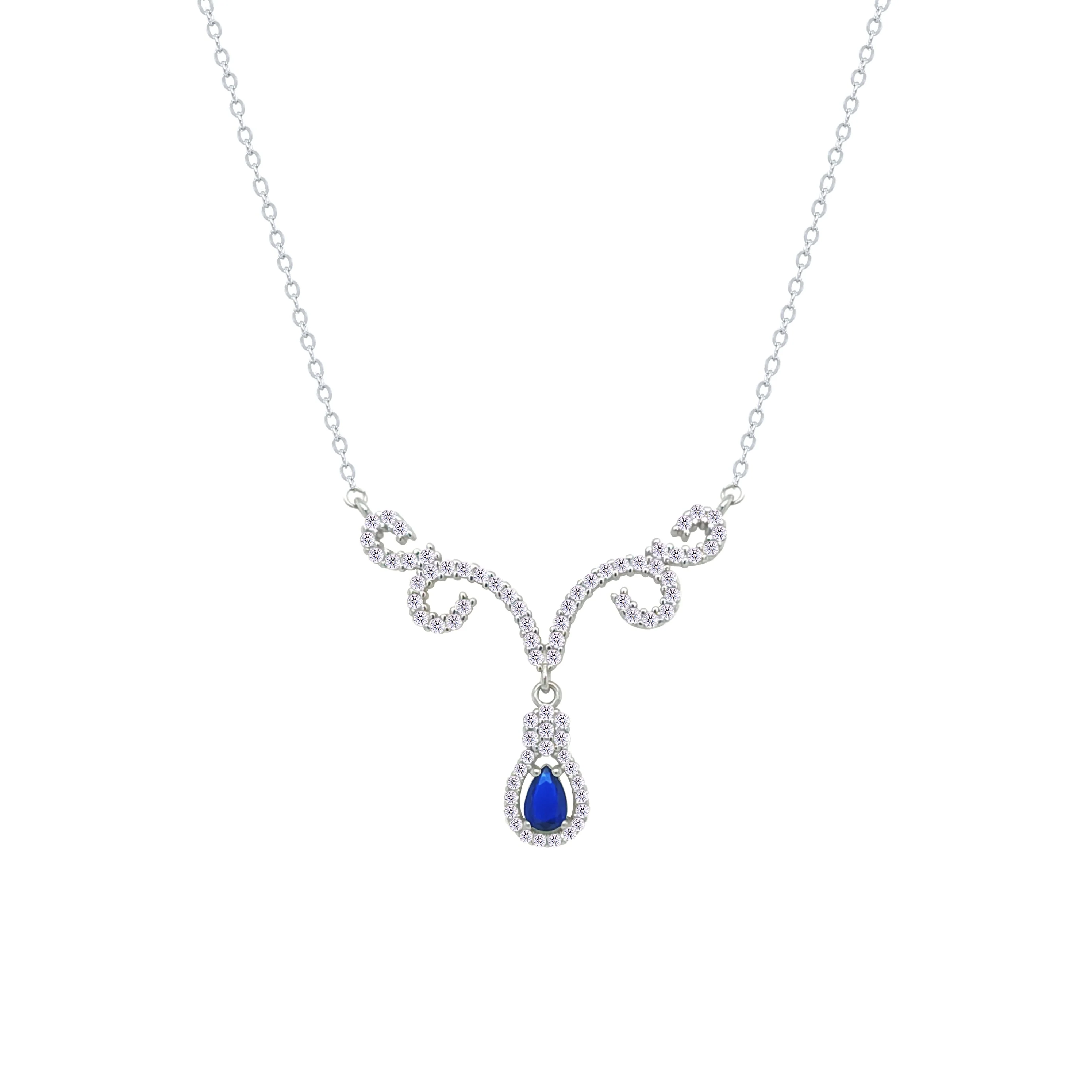 Asfour Crystal Chain Necklace With Blue Deer Antlers Design In 925 Sterling Silver-NM0112-WB - Image 2