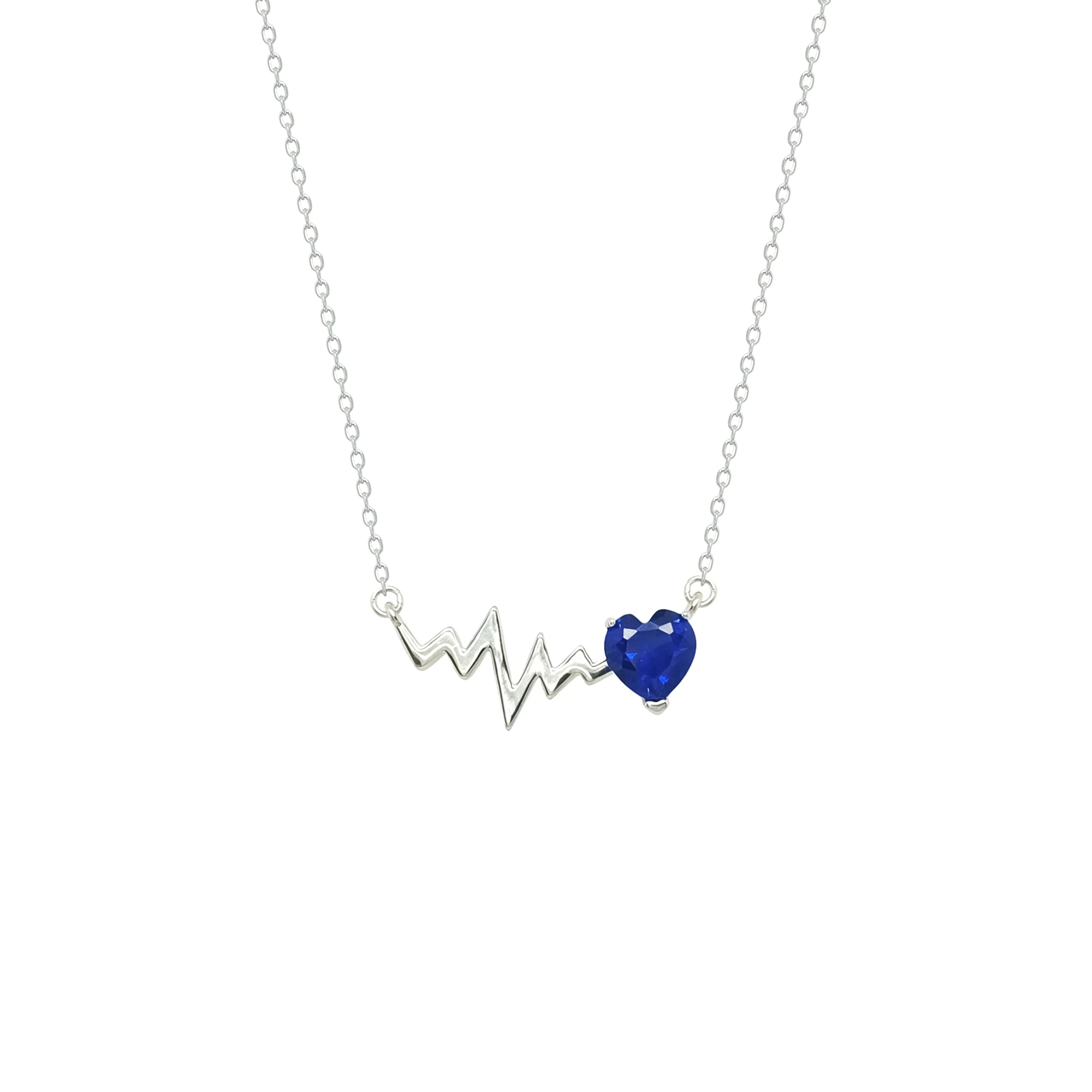 Asfour Crystal Chain Necklace With Blue Heart & Heartbeat Pendant In 925 Sterling Silver-NM0079-B - Image 2
