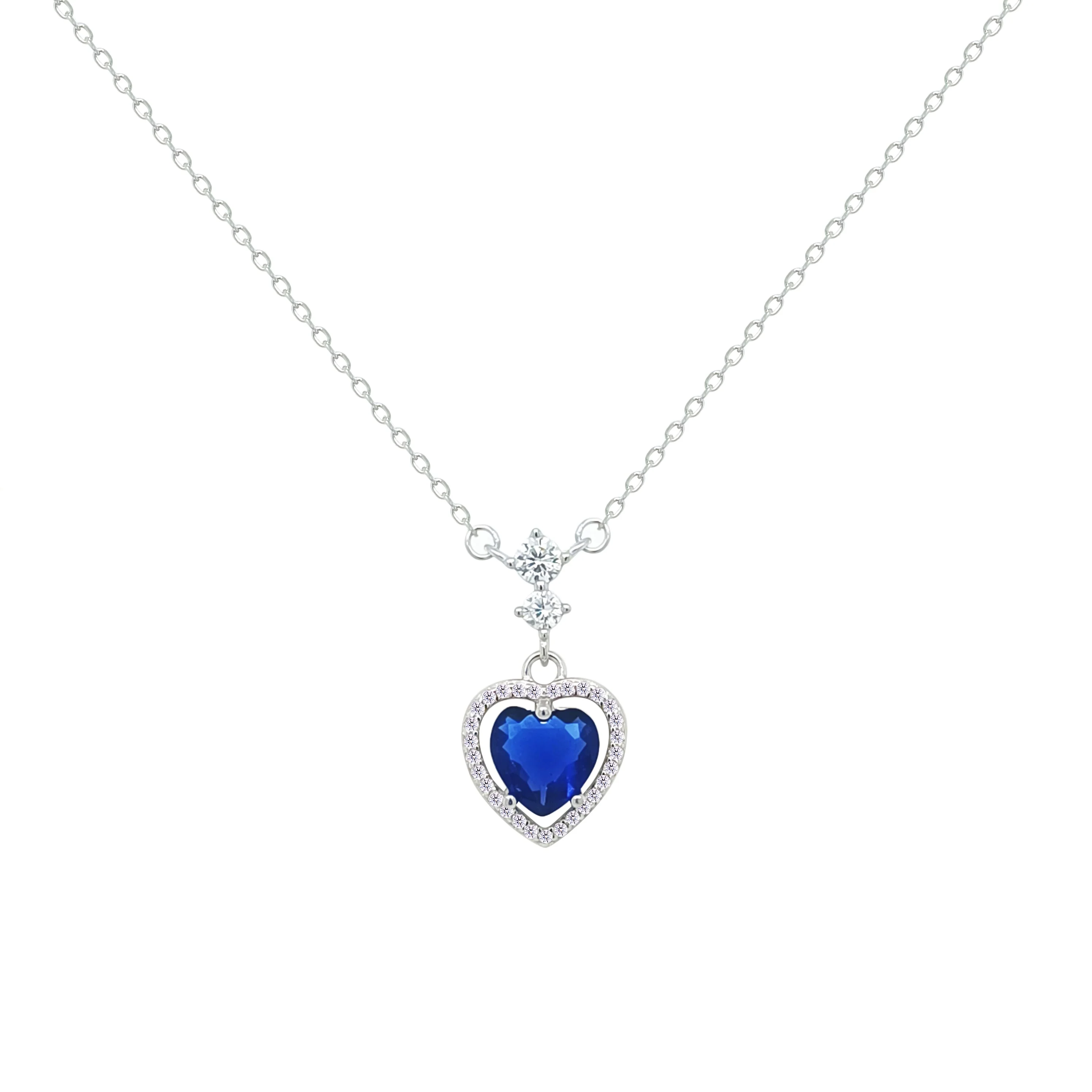 Asfour Crystal Chain Necklace With Blue Heart Pendant In 925 Sterling Silver-NM0073-B - Image 2