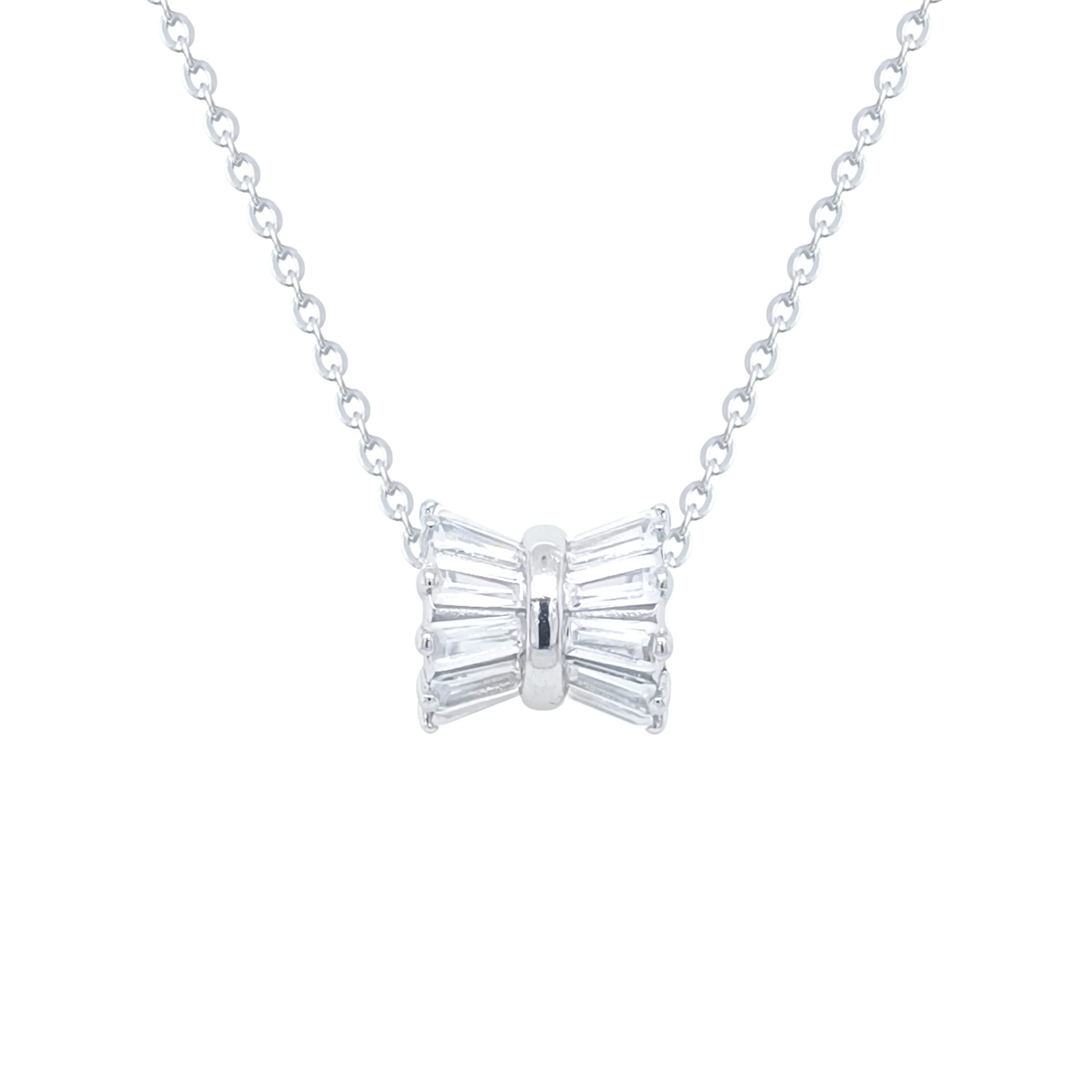Asfour Crystal Chain Necklace With Bow Pendant In 925 Sterling Silver-ND0541