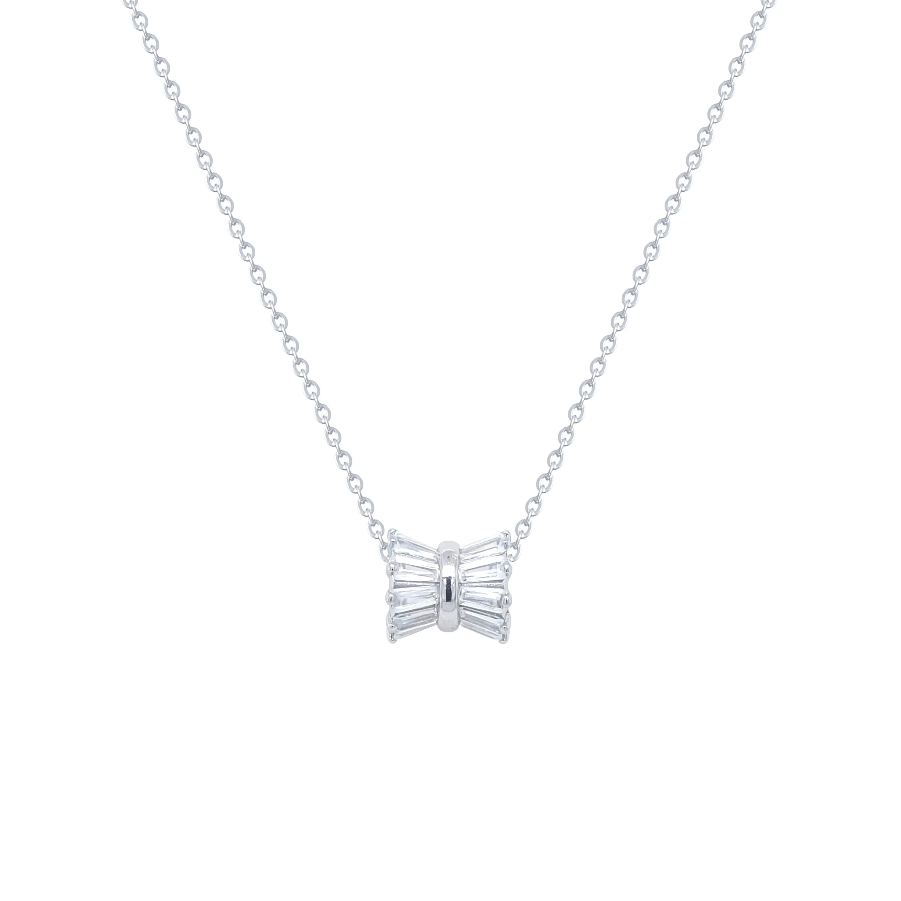 Asfour Crystal Chain Necklace With Bow Pendant In 925 Sterling Silver-ND0541 - Image 2