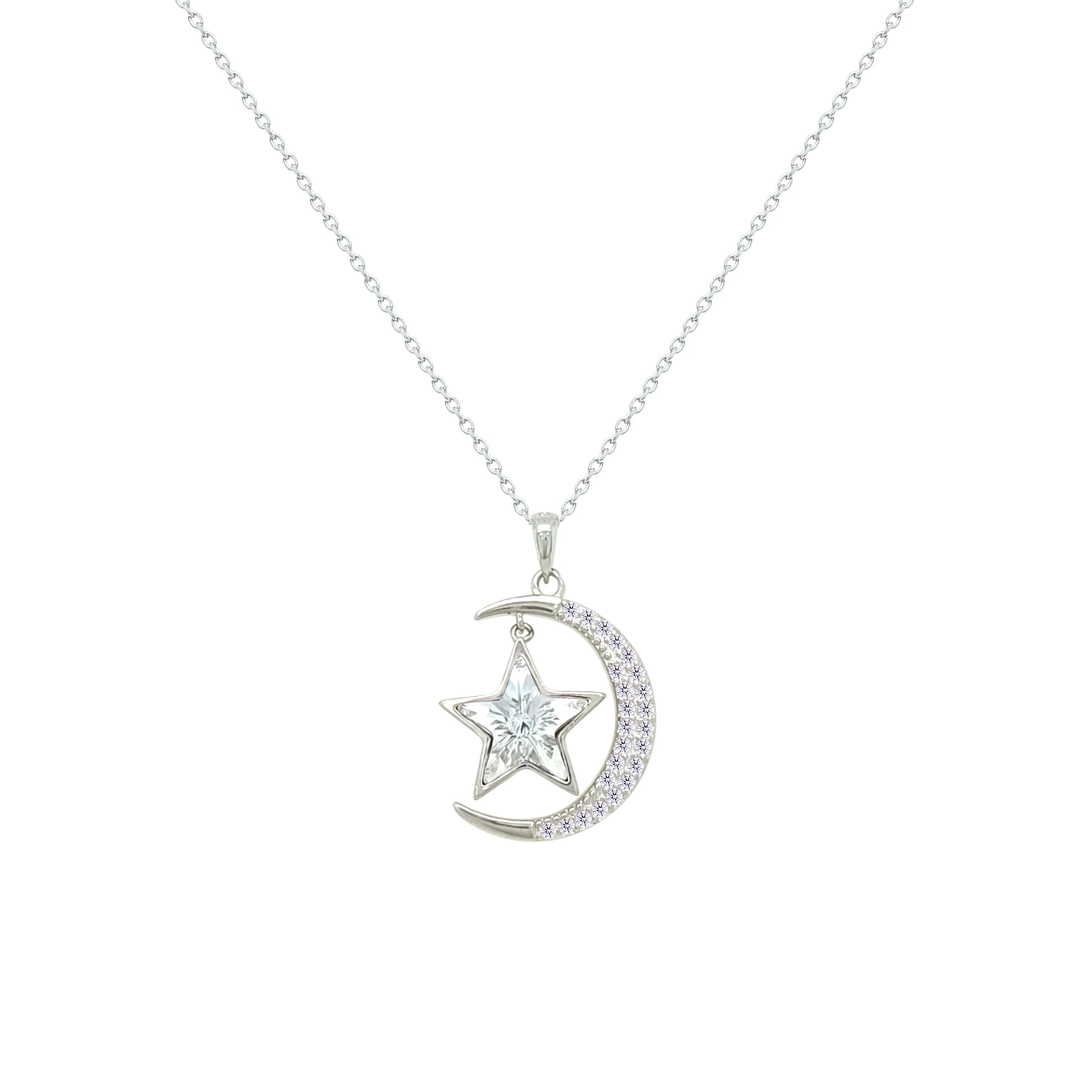 Asfour Crystal Chain Necklace With Crescent & Star Design In 925 Sterling Silver-NM0093 - Image 2