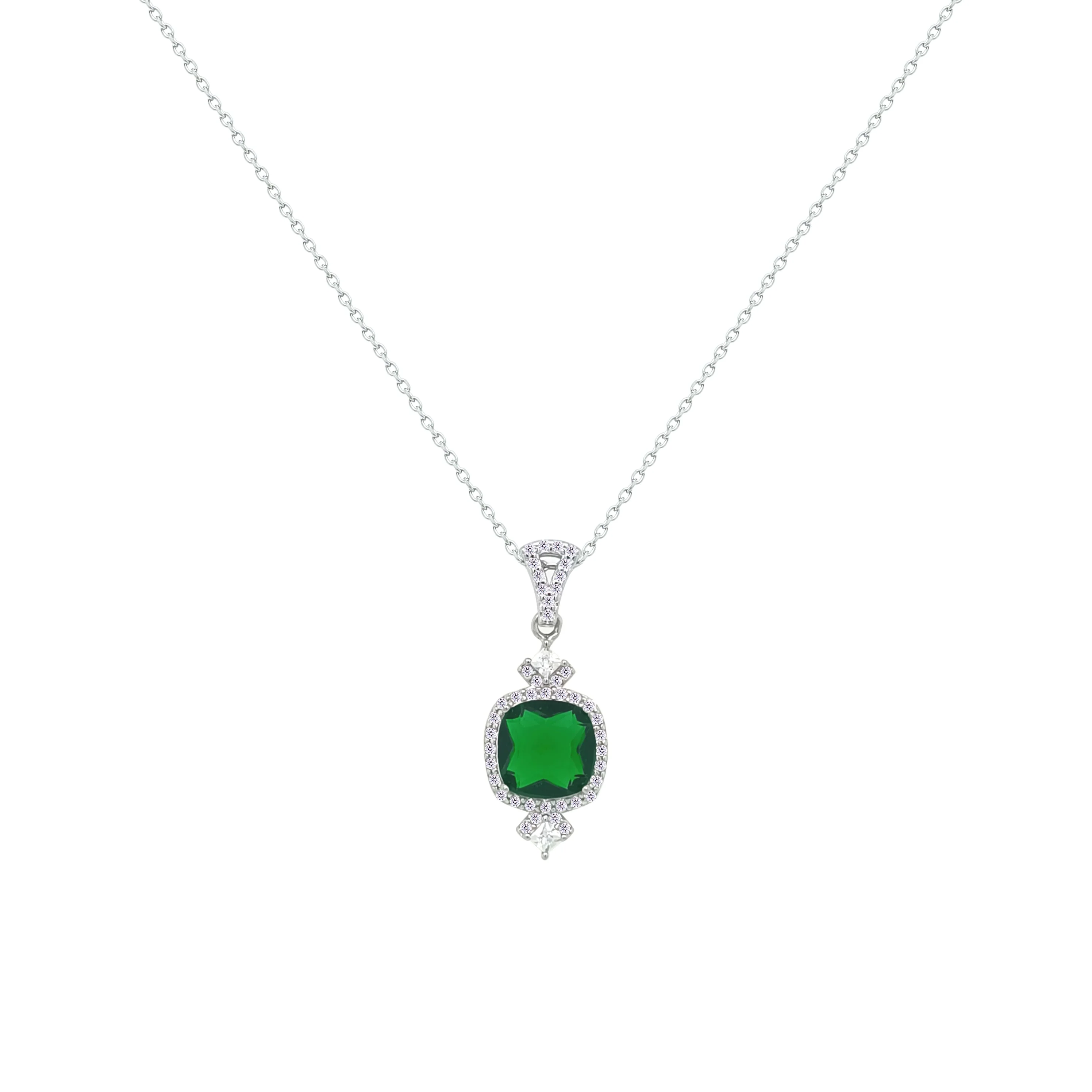 Asfour Crystal Chain Necklace With Decorative Emerald Square Design In 925 Sterling Silver-NM0095-G - Image 2