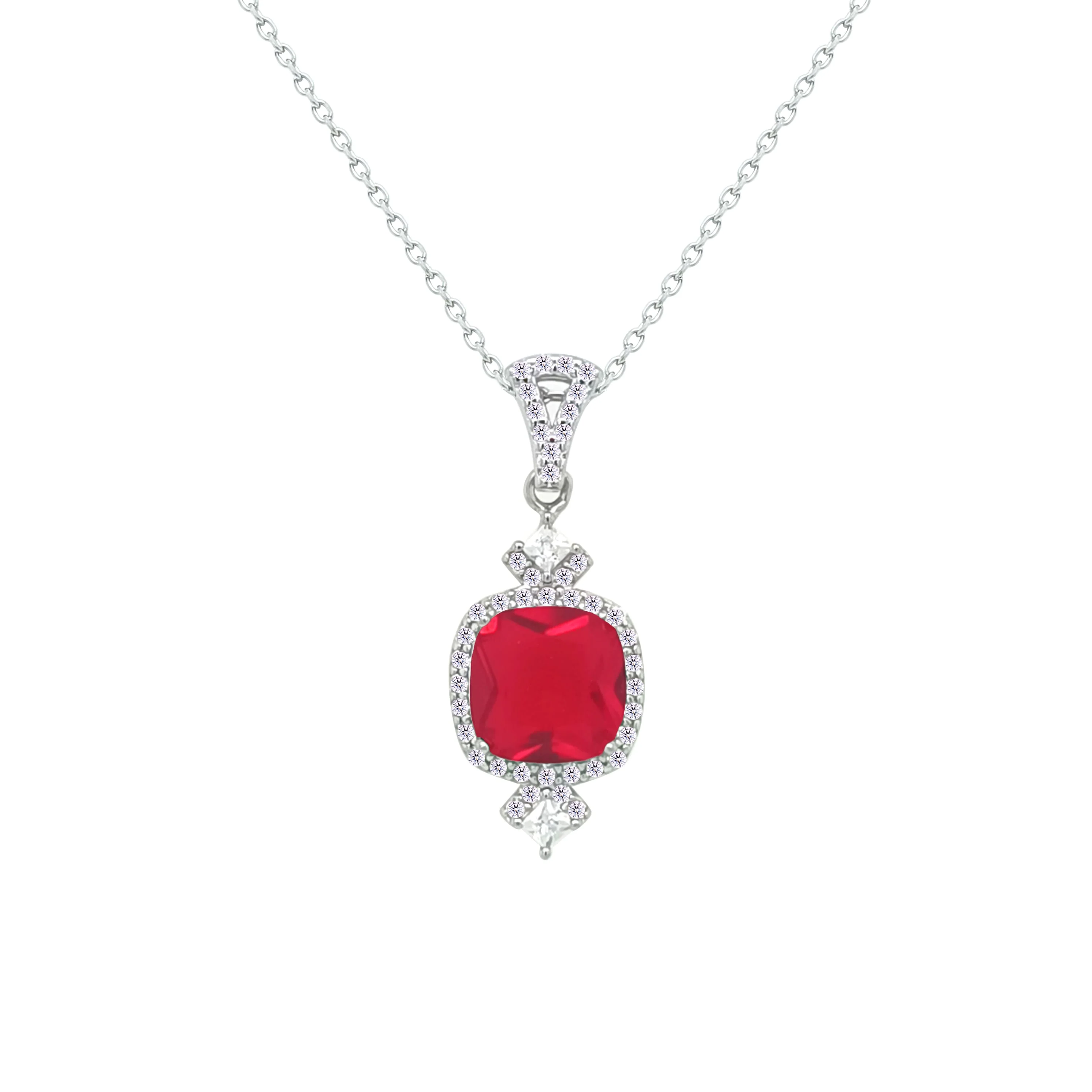 Asfour Crystal Chain Necklace With Decorative Ruby Square Design In 925 Sterling Silver-NM0095-R