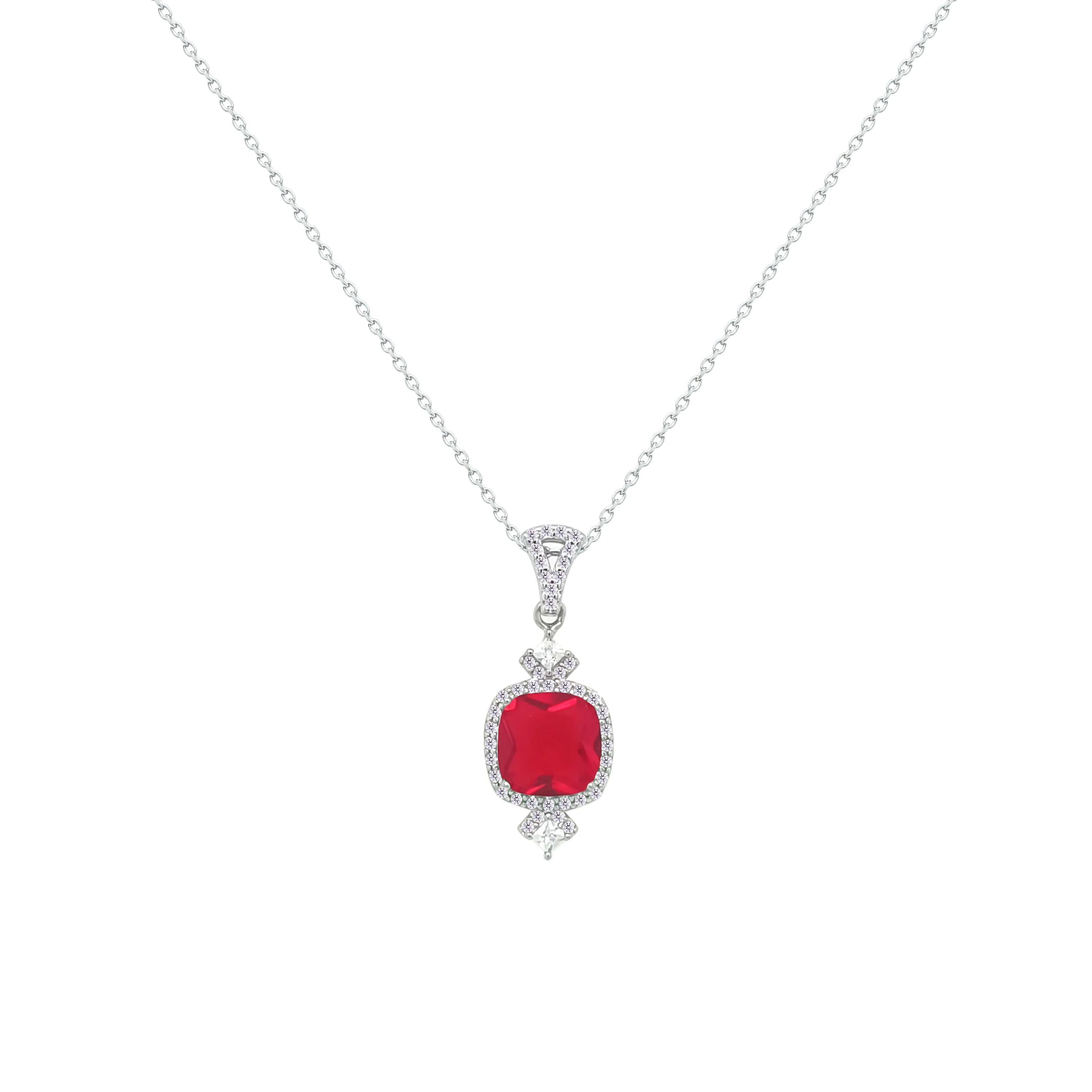 Asfour Crystal Chain Necklace With Decorative Ruby Square Design In 925 Sterling Silver-NM0095-R - Image 2