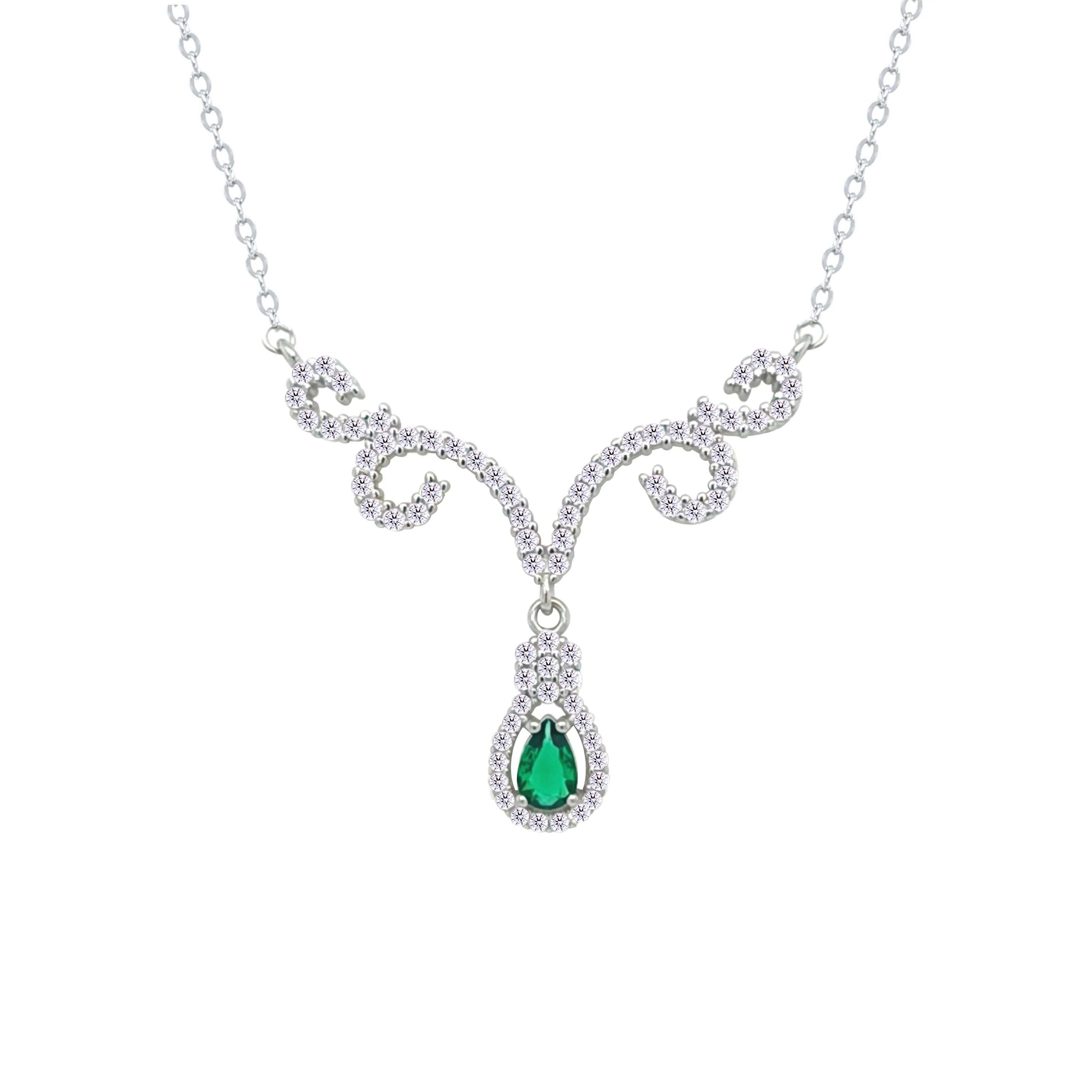 Asfour Crystal Chain Necklace With Emerald Deer Antlers Design In 925 Sterling Silver-NM0112-WG