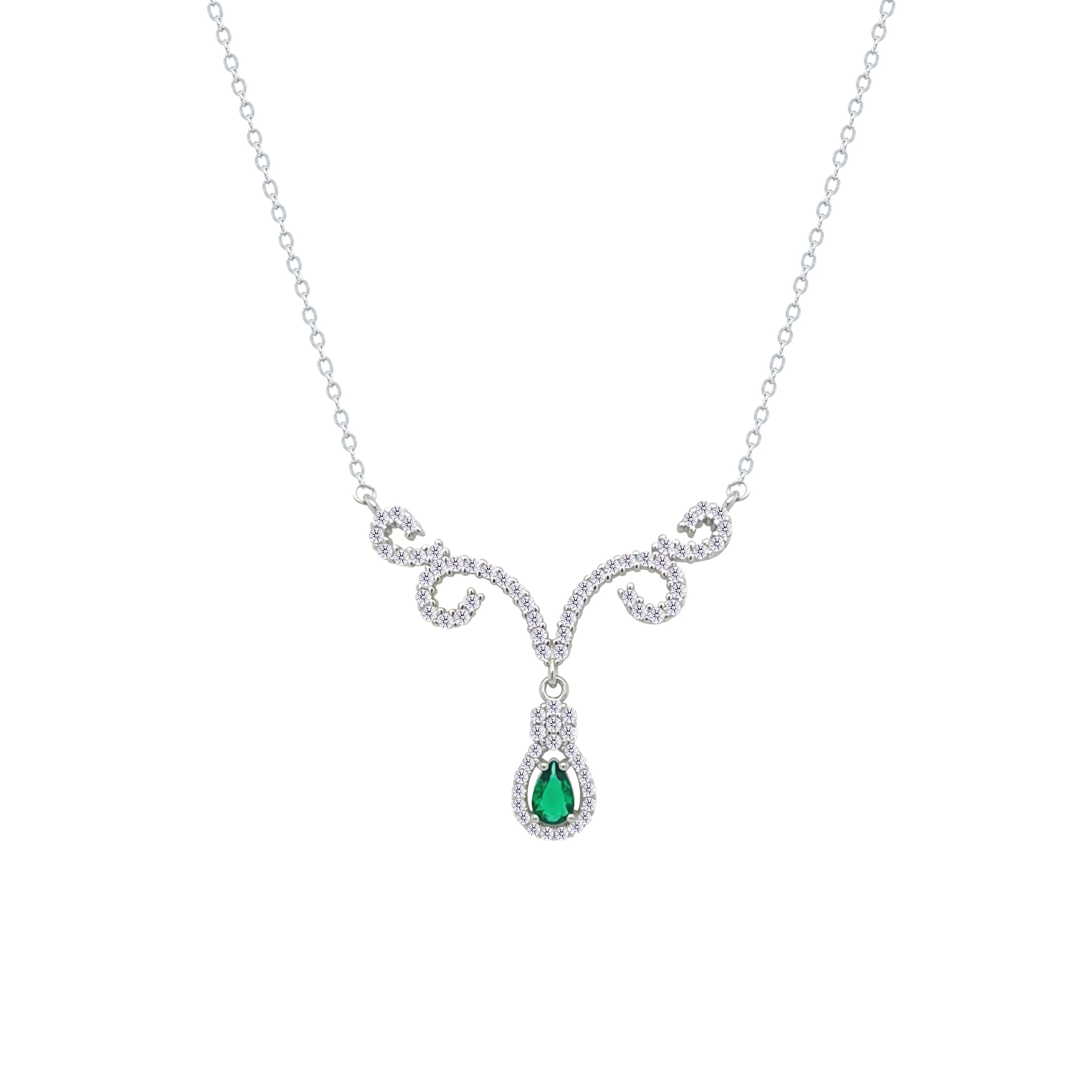 Asfour Crystal Chain Necklace With Emerald Deer Antlers Design In 925 Sterling Silver-NM0112-WG - Image 2