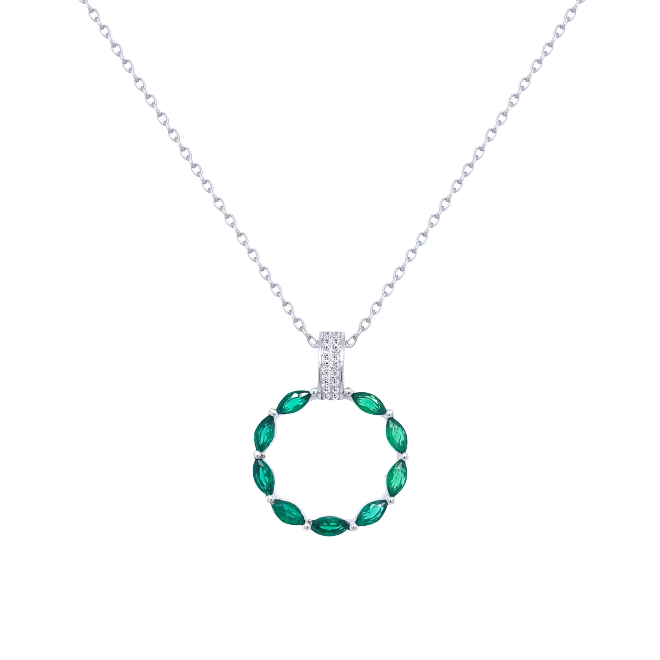 Asfour Crystal Chain Necklace With Emerald Hollow Circle Pendant In 925 Sterling-ND0433-G - Image 2