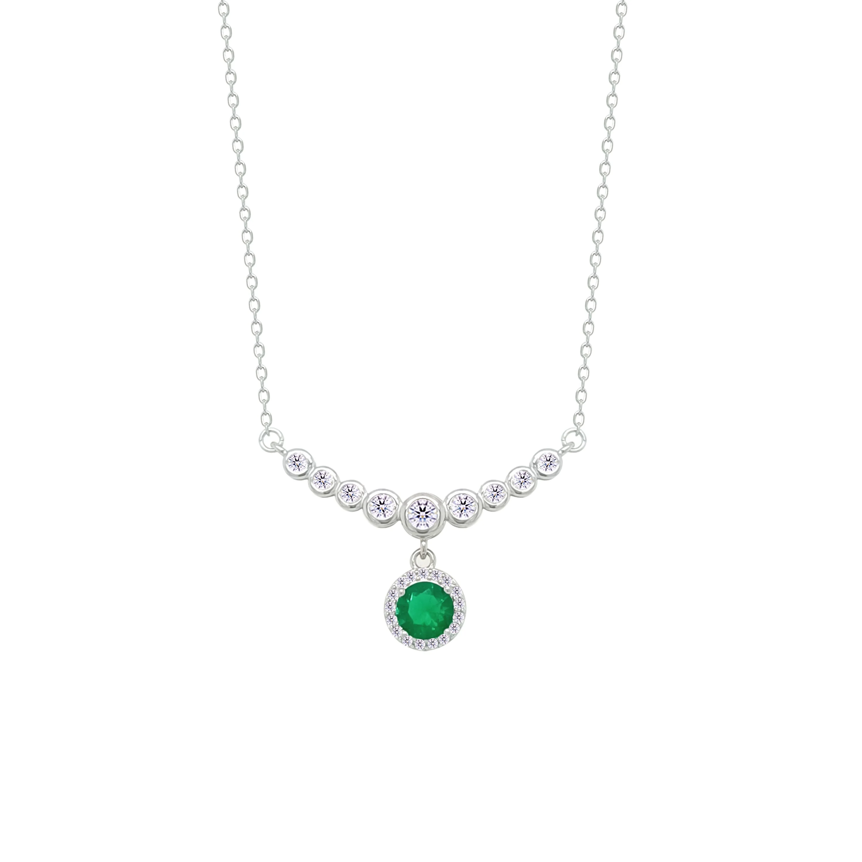 Asfour Crystal Chain Necklace With Emerald Round Design In 925 Sterling Silver-NM0097-WG - Image 2