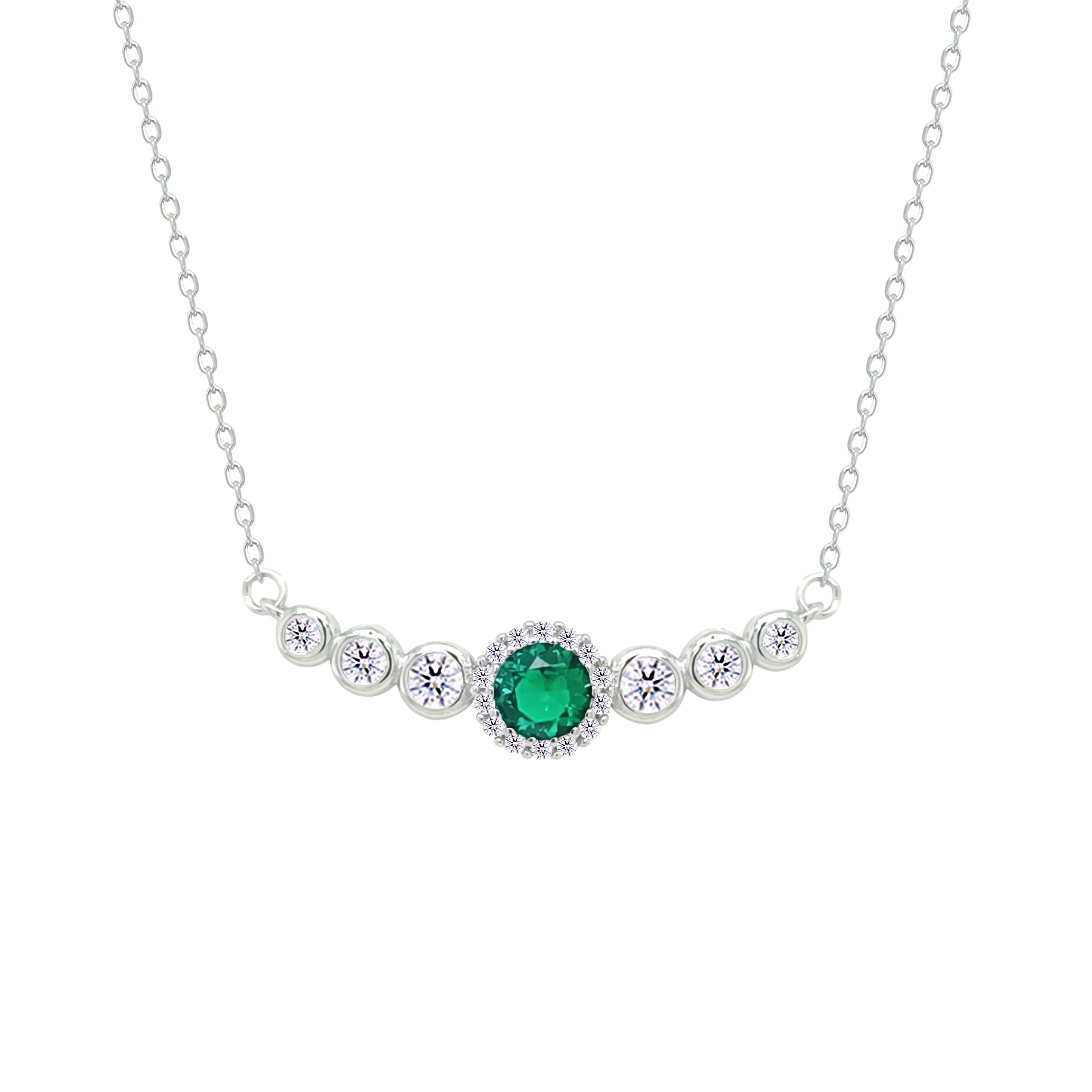 Asfour Crystal Chain Necklace With Emerald Round Design In 925 Sterling Silver-NM0098-WG