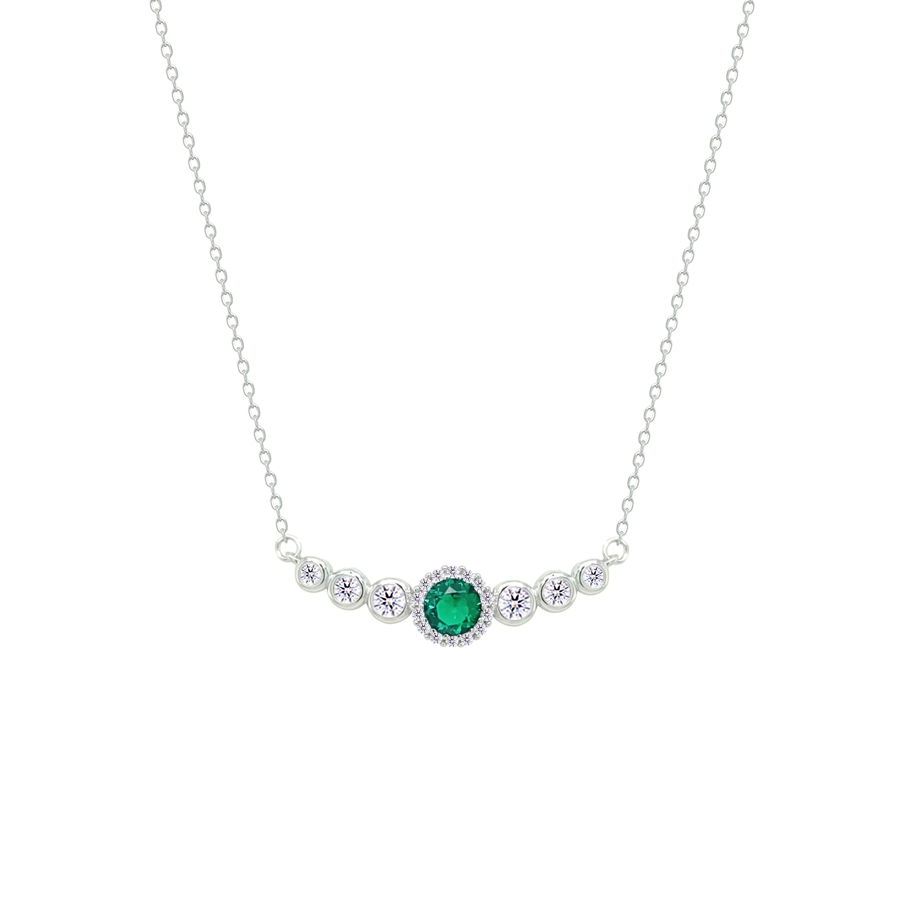 Asfour Crystal Chain Necklace With Emerald Round Design In 925 Sterling Silver-NM0098-WG - Image 2