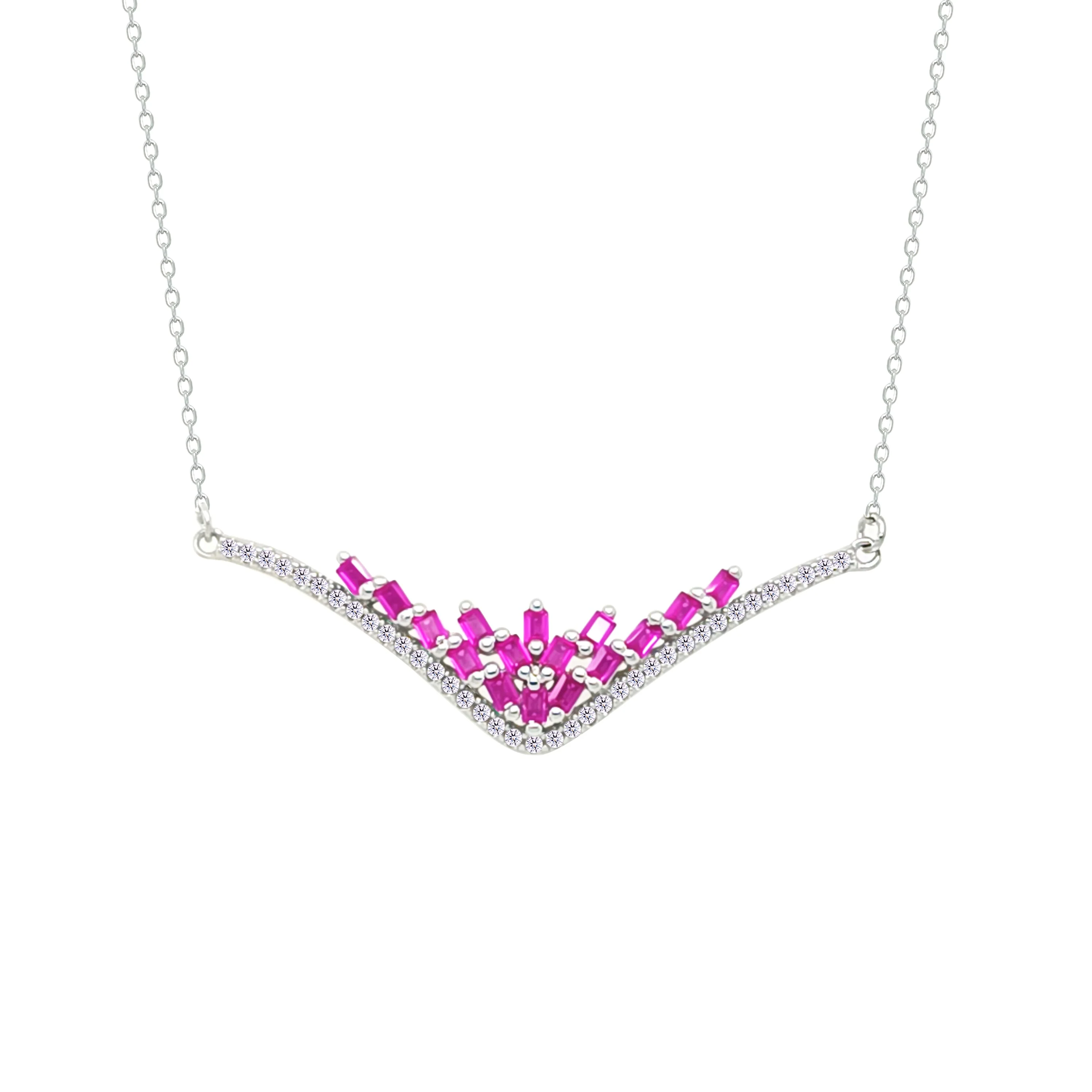 Asfour Crystal Chain Necklace With Fuchsia Deer Antlers Design In 925 Sterling Silver-NM0101-F