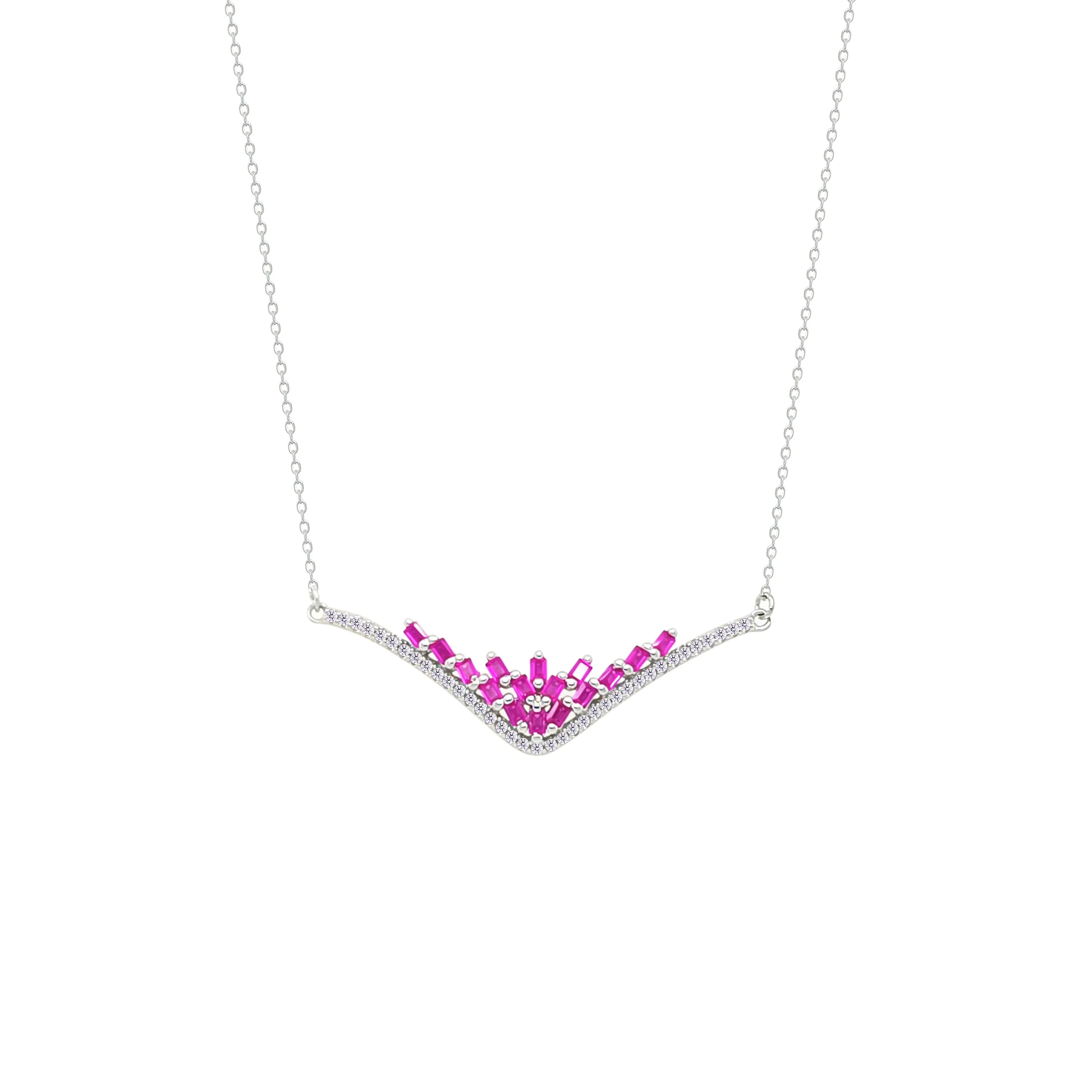 Asfour Crystal Chain Necklace With Fuchsia Deer Antlers Design In 925 Sterling Silver-NM0101-F - Image 2