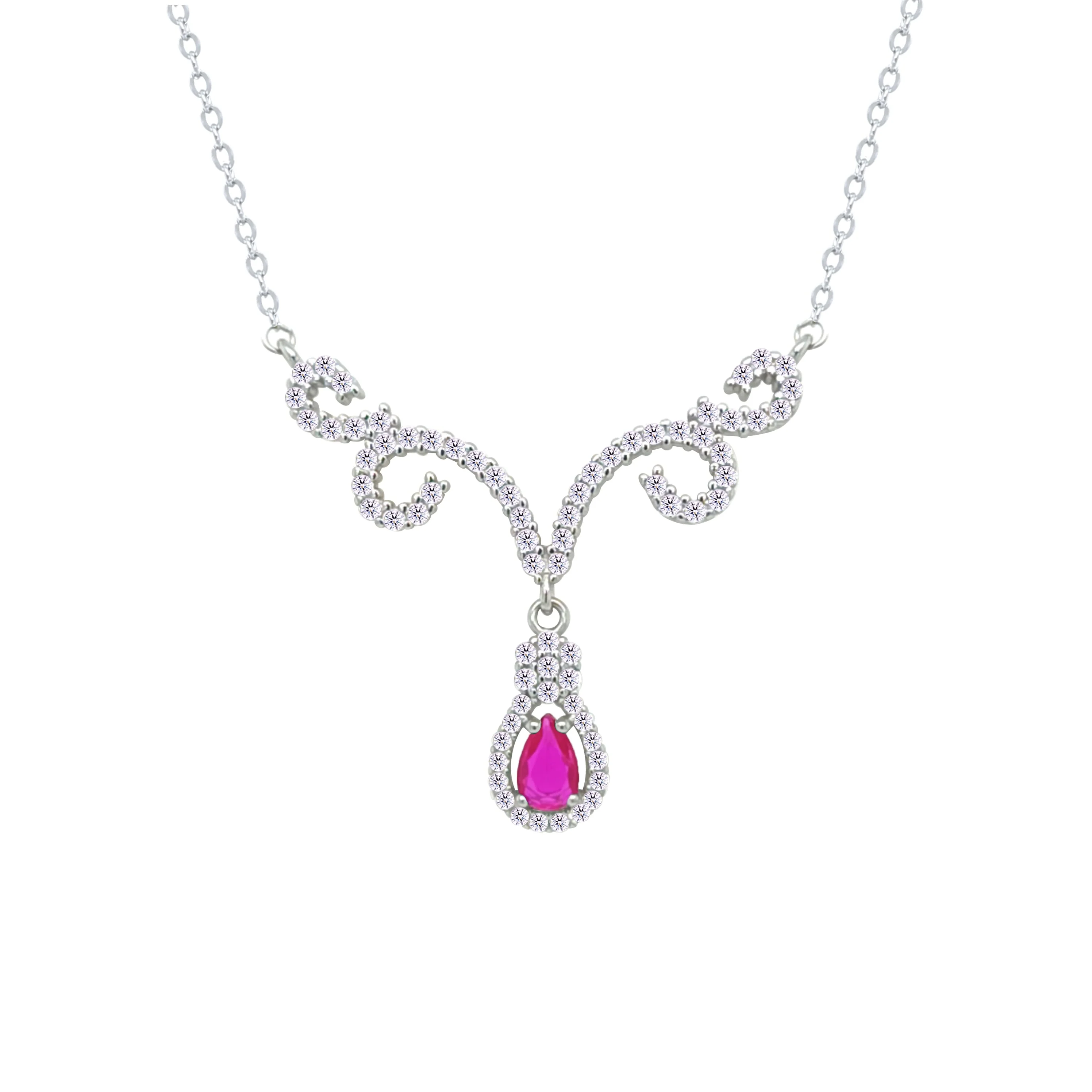 Asfour Crystal Chain Necklace With Fuchsia Deer Antlers Design In 925 Sterling Silver-NM0112-WF