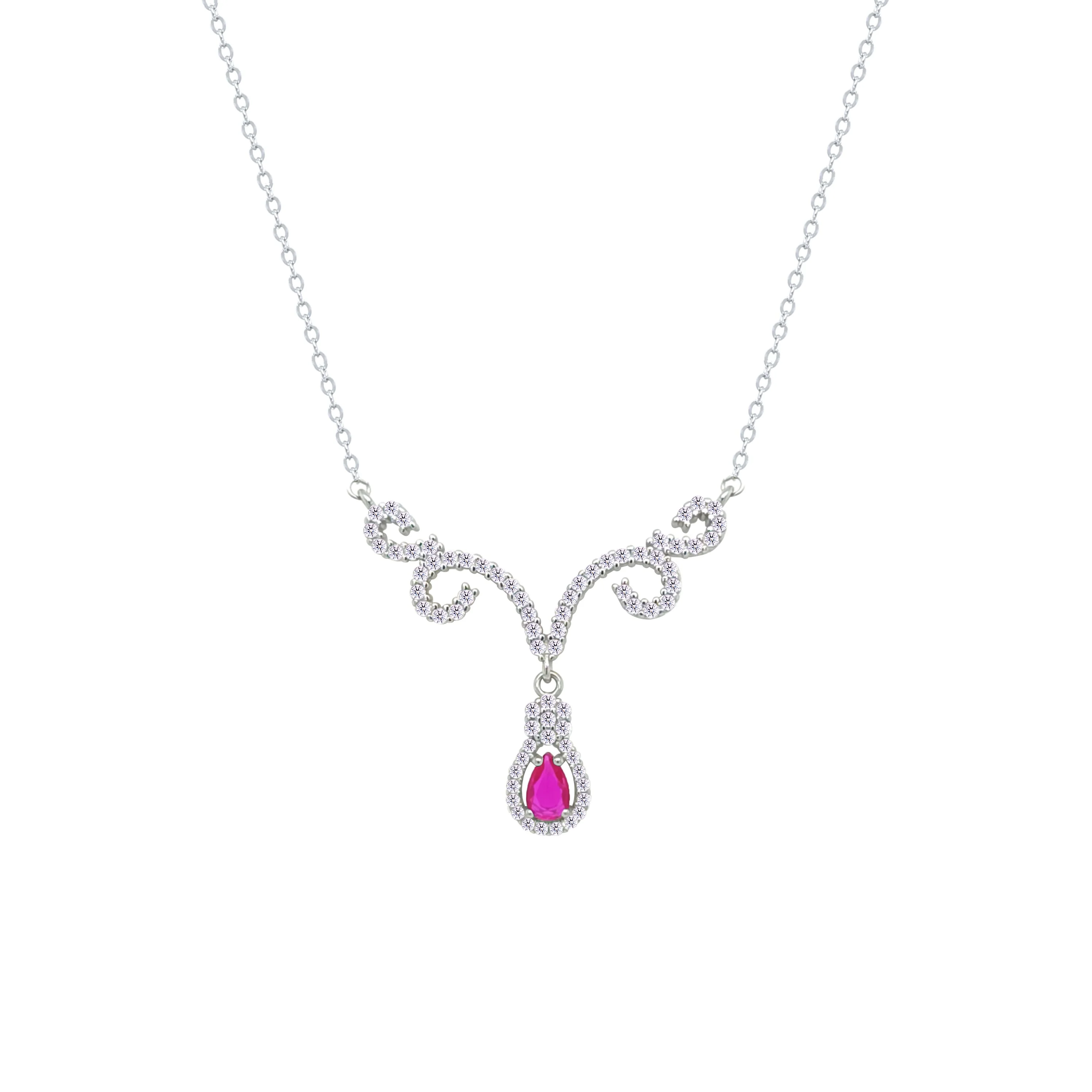 Asfour Crystal Chain Necklace With Fuchsia Deer Antlers Design In 925 Sterling Silver-NM0112-WF - Image 2