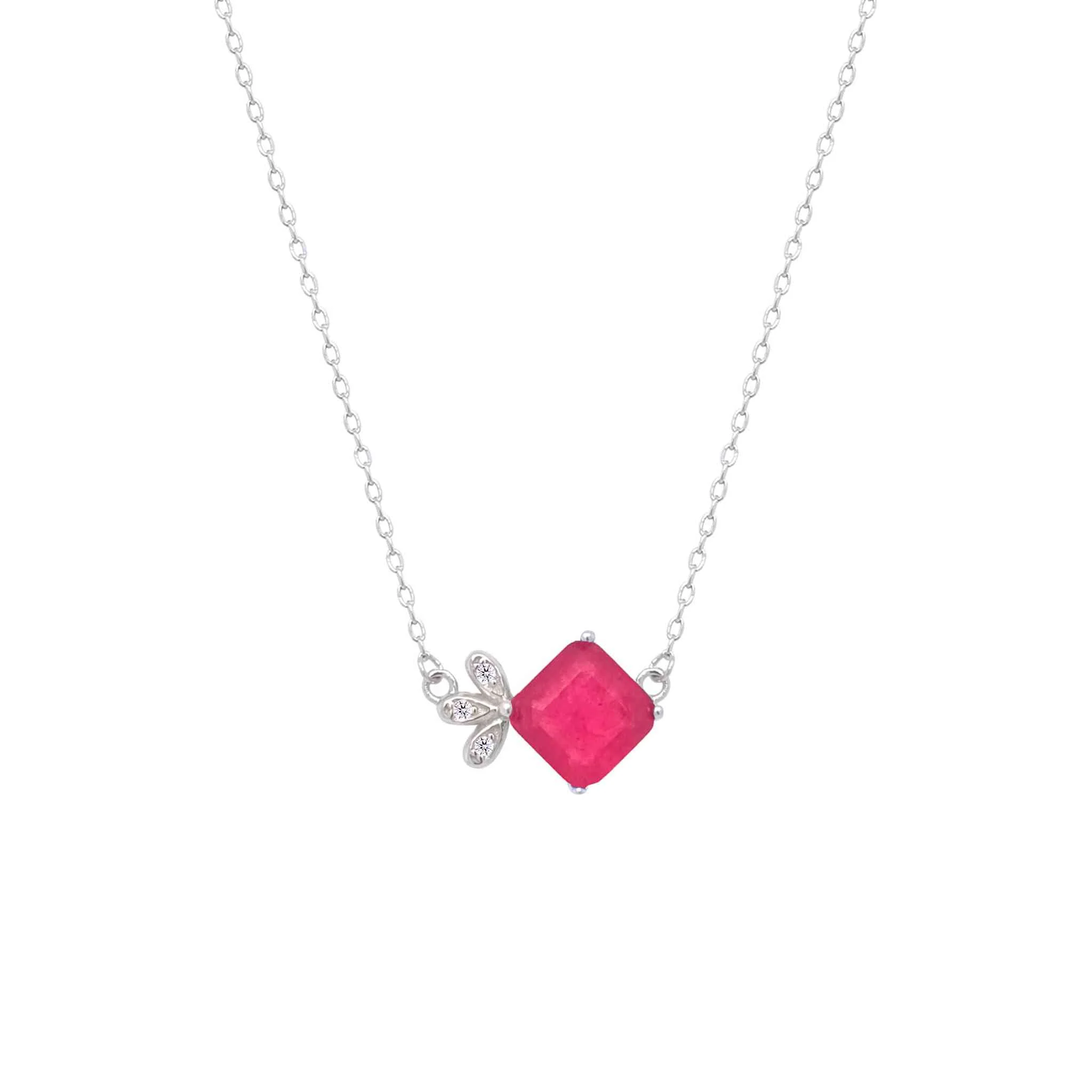 Asfour Crystal Chain Necklace With Fuchsia Square Pendant In 925 Sterling Silver-ND0452-F - Image 2