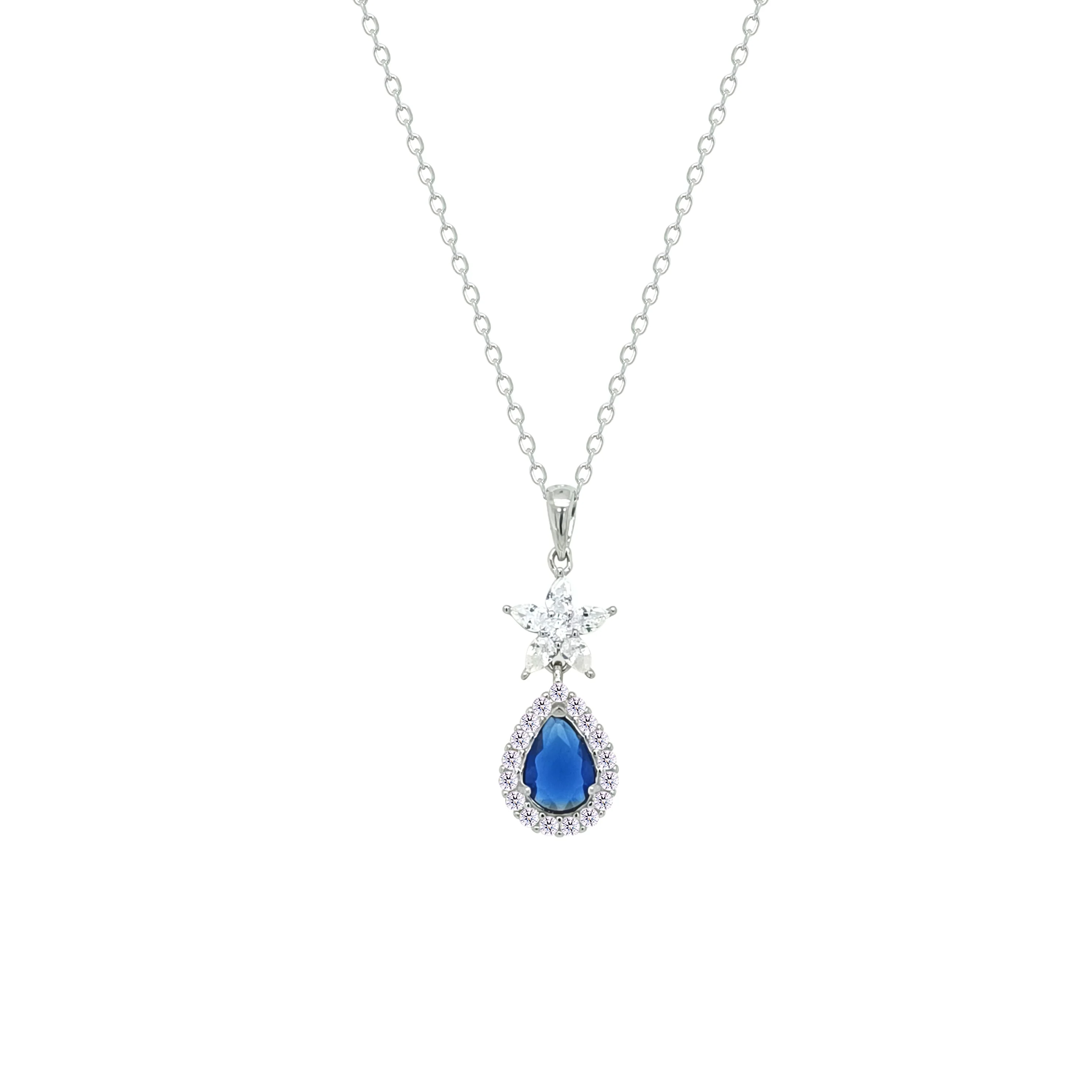 Asfour Crystal Chain Necklace With Halo Blue Pear Pendant In 925 Sterling Silver-NM0094-WB - Image 2