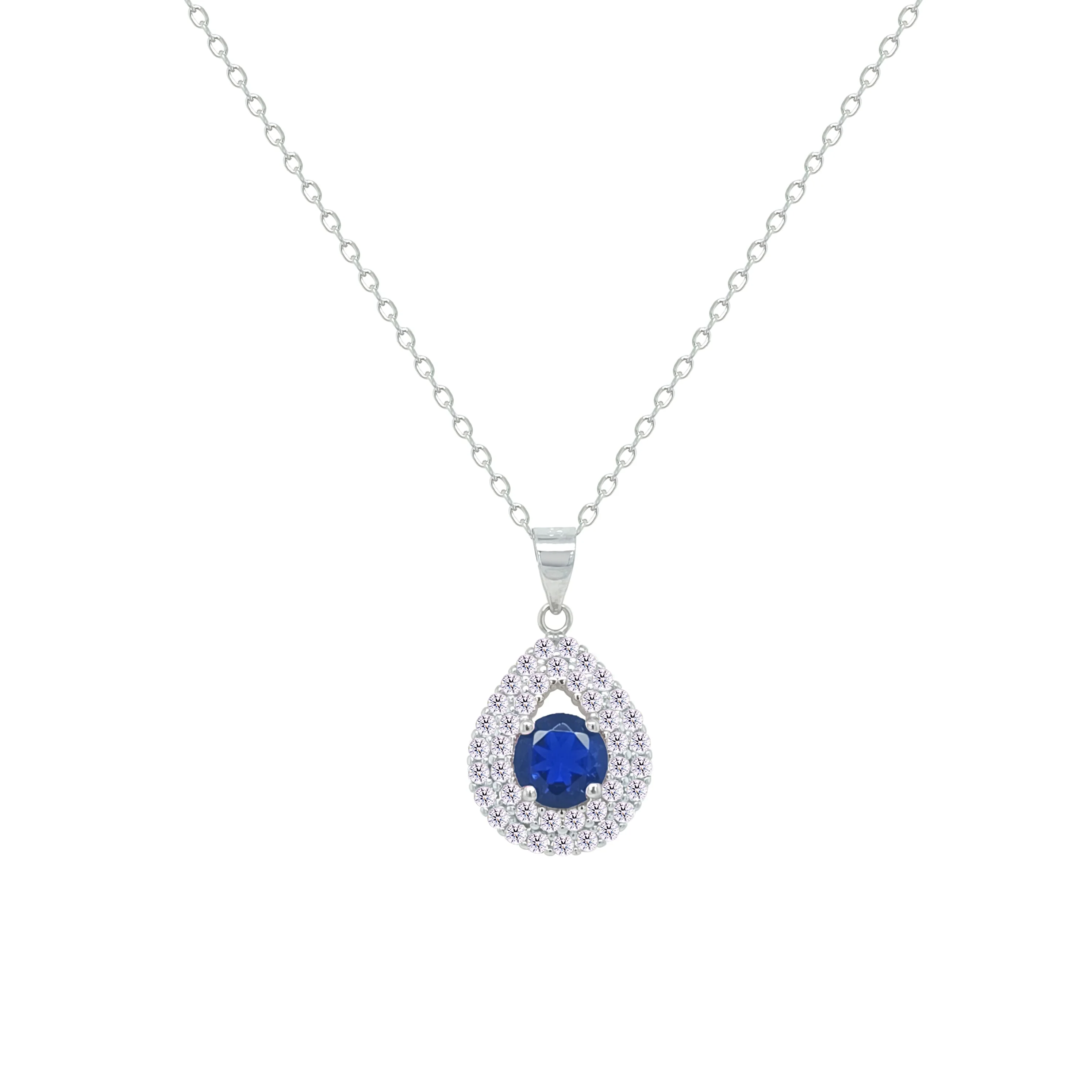 Asfour Crystal Chain Necklace With Halo Blue Pear Pendant In 925 Sterling Sliver-NM0109-WB - Image 2