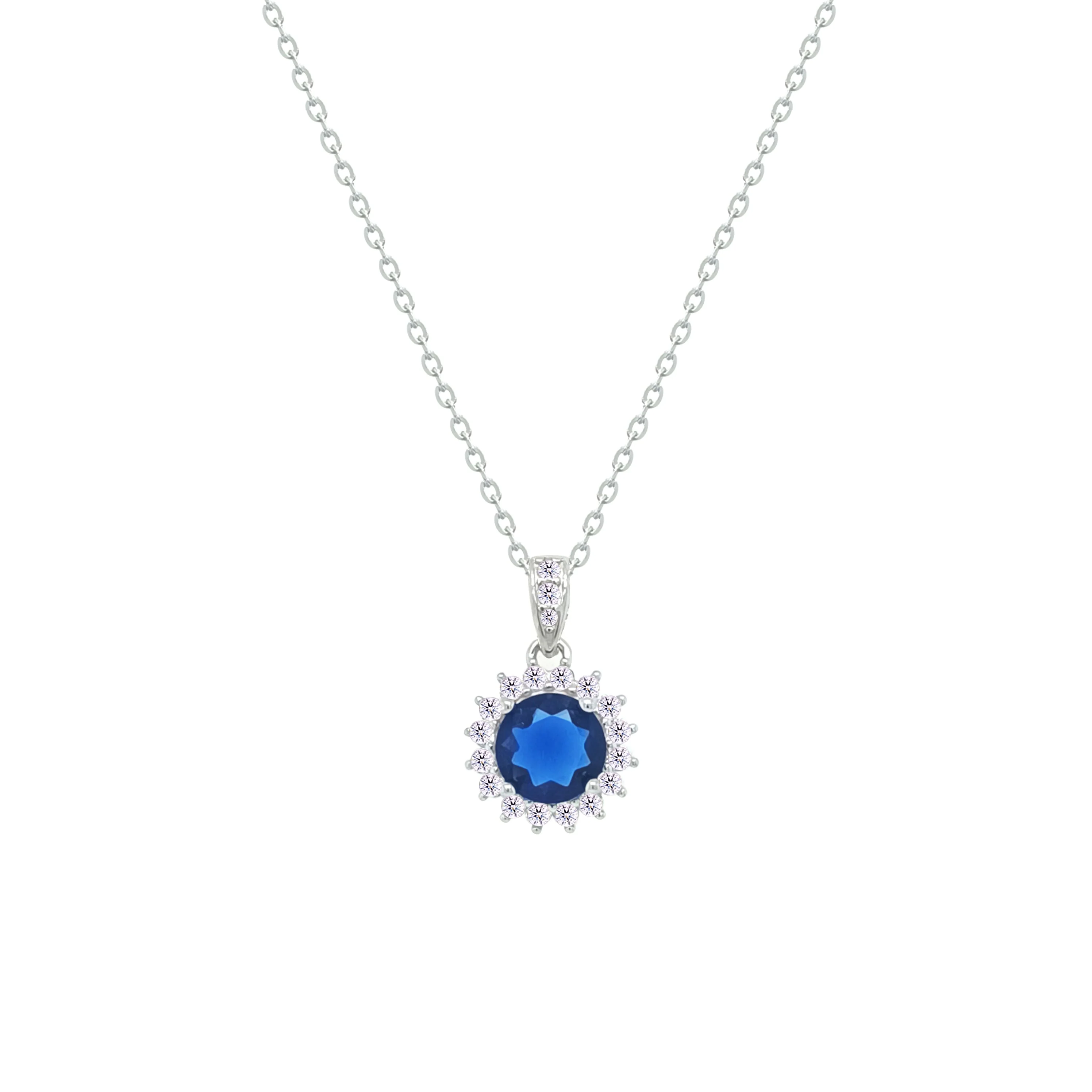 Asfour Crystal Chain Necklace With Halo Blue Round Pendant In 925 Sterling Sliver-NM0110-B - Image 2