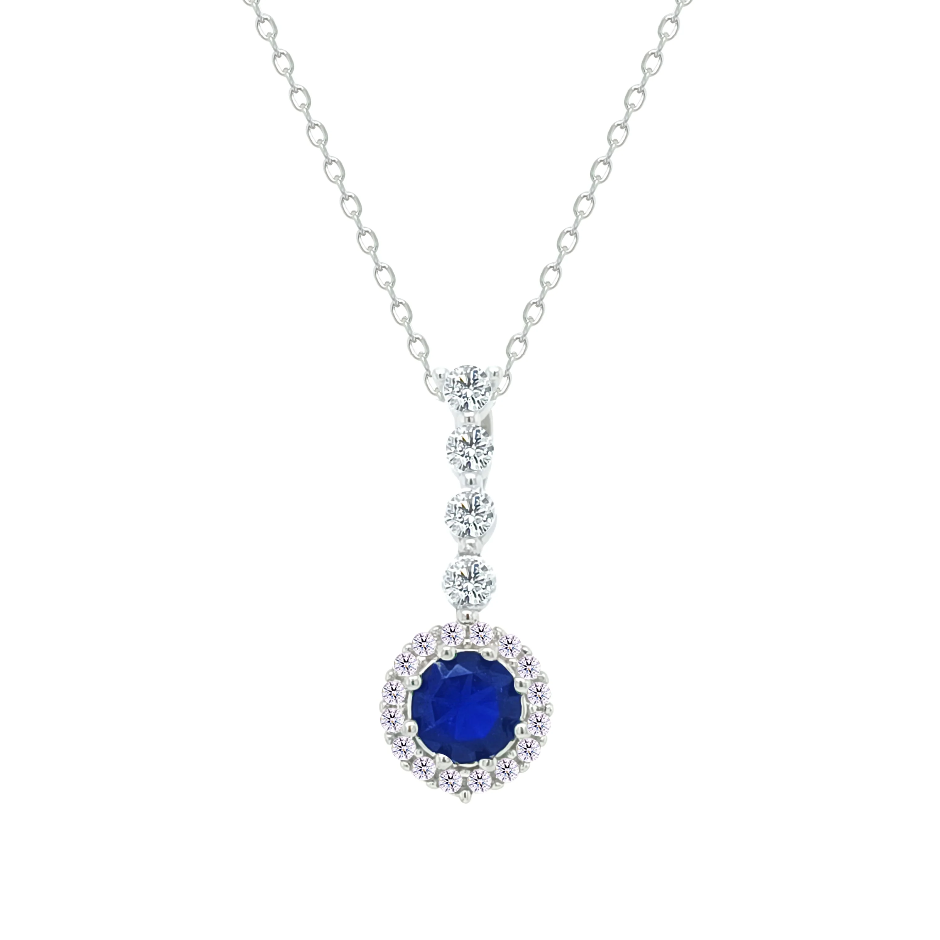 Asfour Crystal Chain Necklace With Halo Blue Round Zircon Pendant In 925 Sterling Silver-NM0105-B