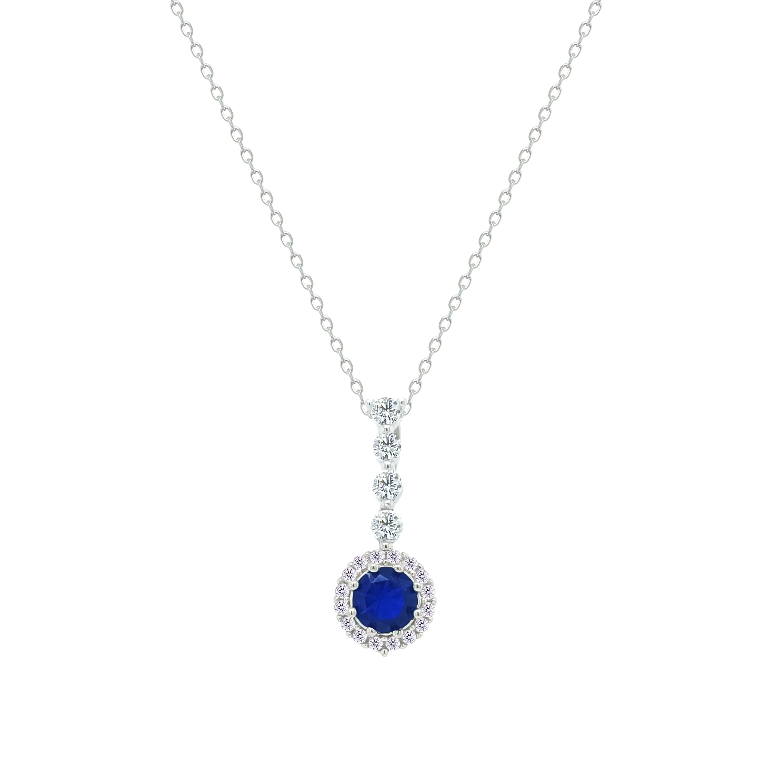 Asfour Crystal Chain Necklace With Halo Blue Round Zircon Pendant In 925 Sterling Silver-NM0105-B - Image 2
