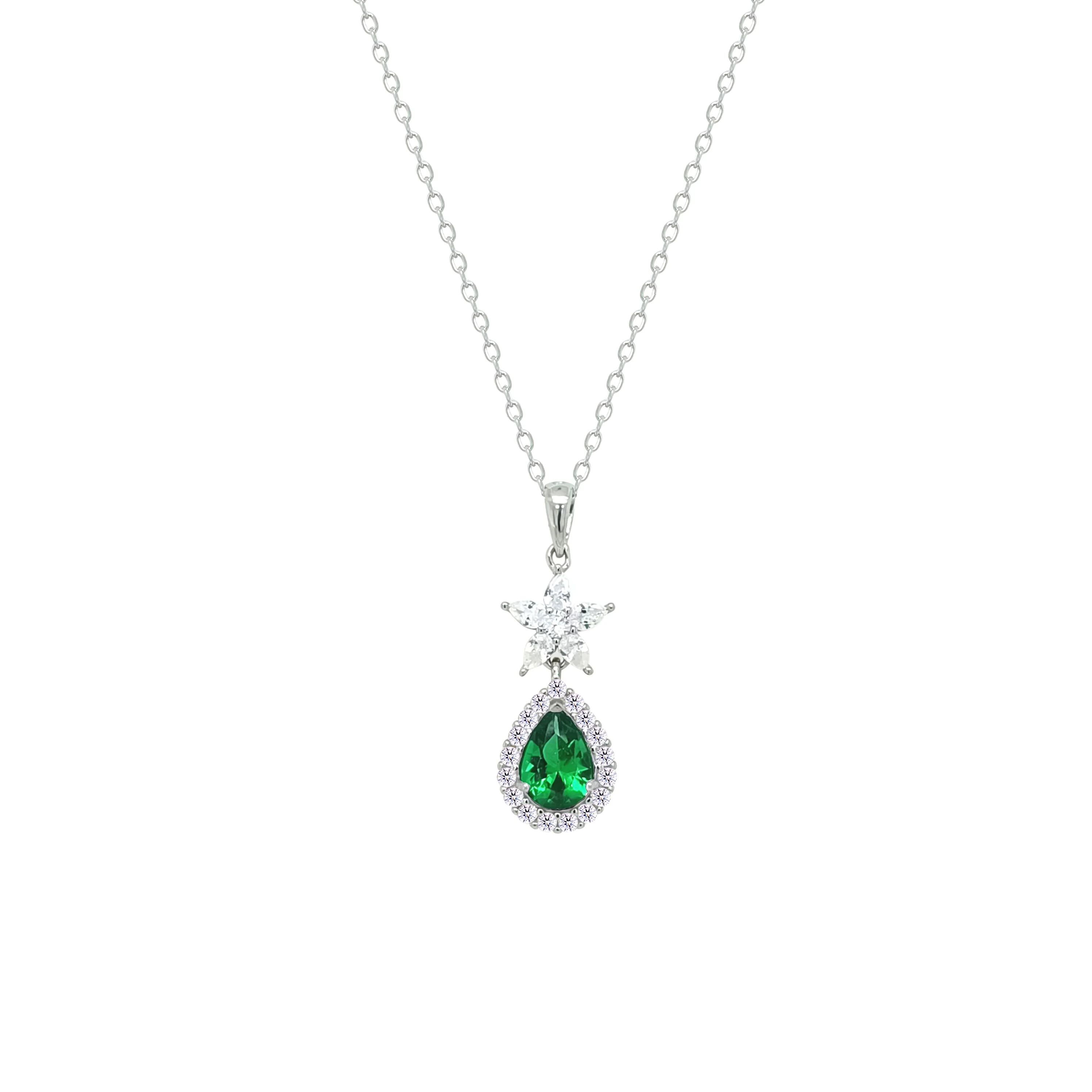 Asfour Crystal Chain Necklace With Halo Emerald Pear Pendant In 925 Sterling Silver-NM0094-WG - Image 2