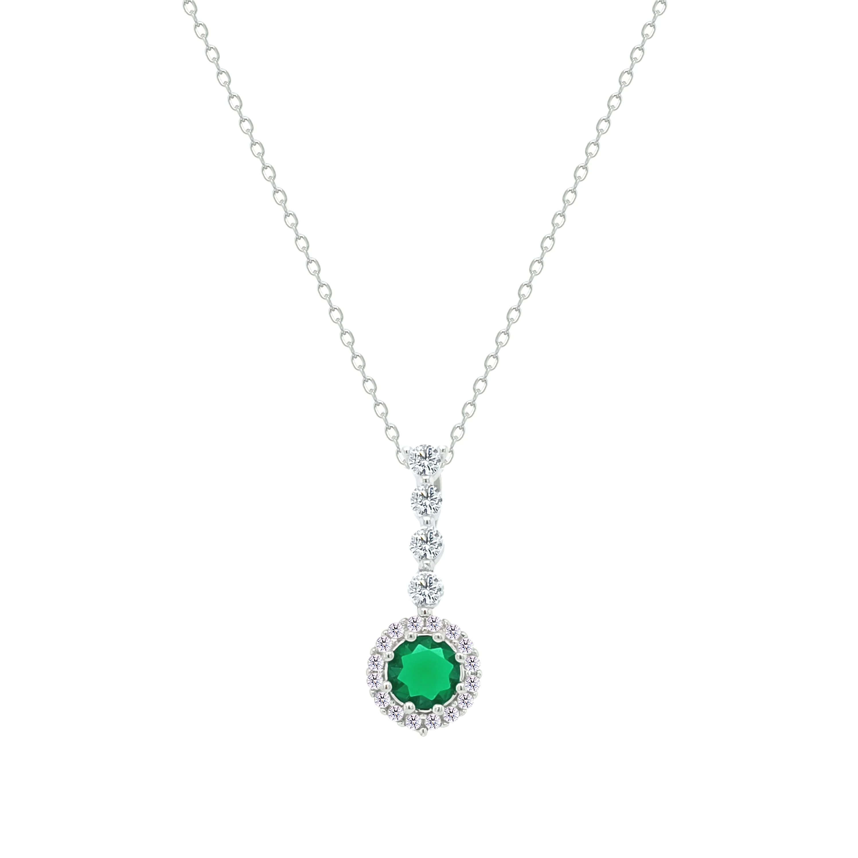 Asfour Crystal Chain Necklace With Halo Emerald Round Zircon Pendant In 925 Sterling Silver-NM0105-G - Image 2