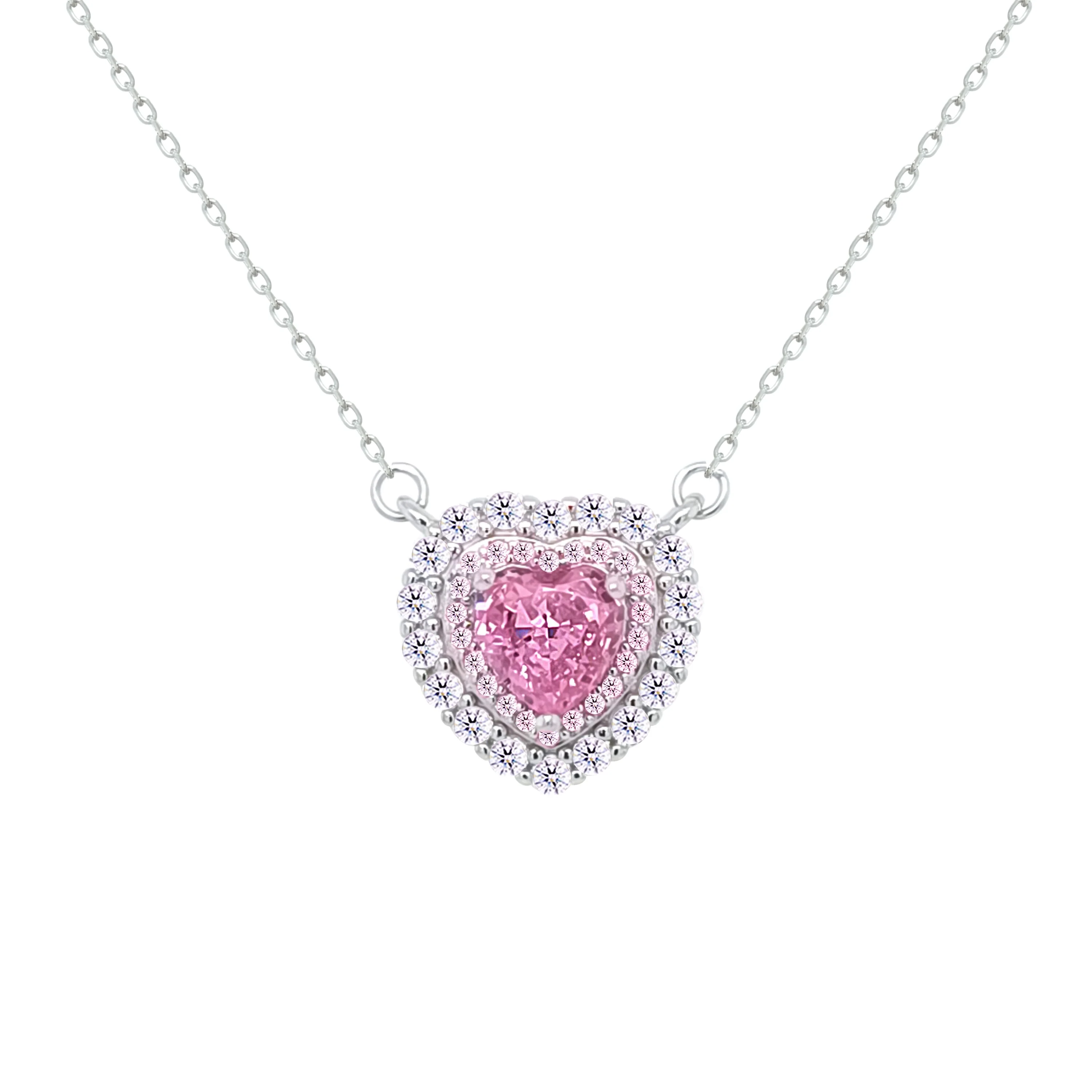 Asfour Crystal Chain Necklace With Halo Rose Heart Pendant In 925 Sterling Silver-ND0551-WO