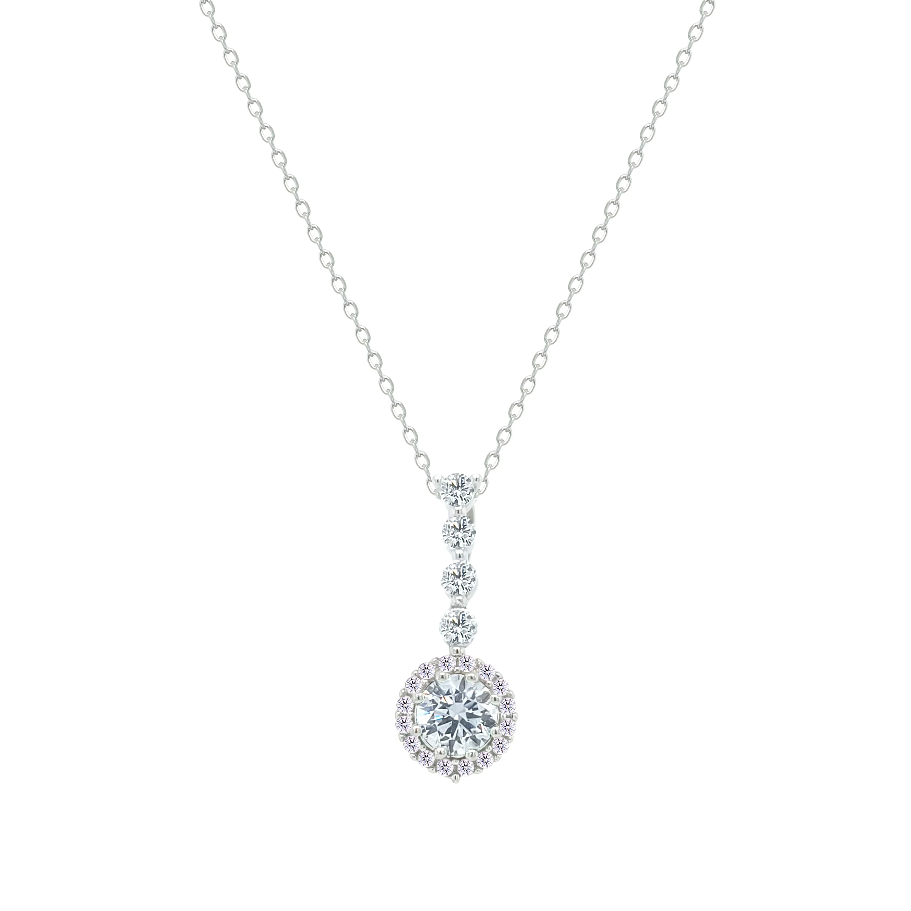Asfour Crystal Chain Necklace With Halo Round Zircon Pendant In 925 Sterling Silver-NM0105 - Image 2
