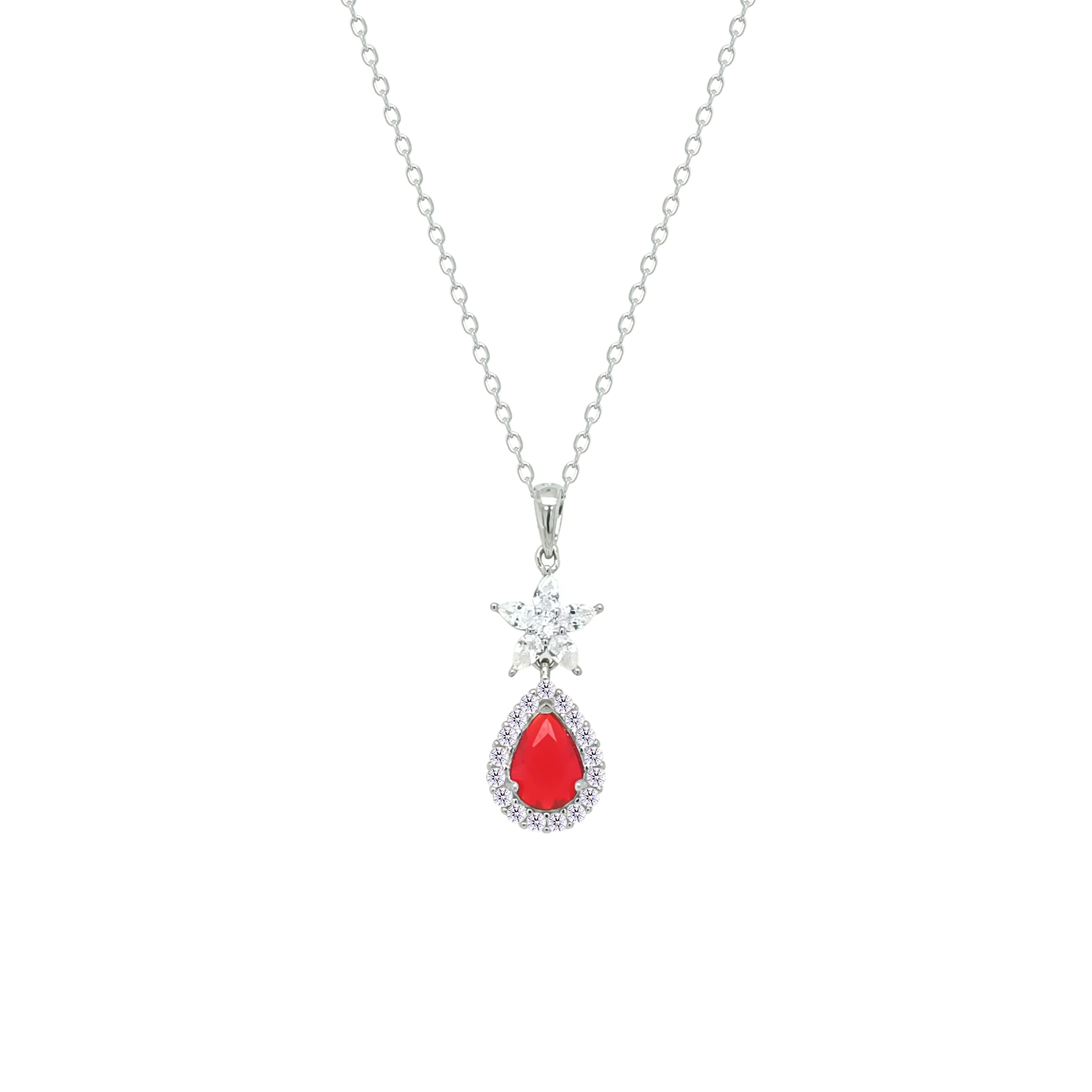 Asfour Crystal Chain Necklace With Halo Ruby Pear Pendant In 925 Sterling Silver-NM0094-WR - Image 2