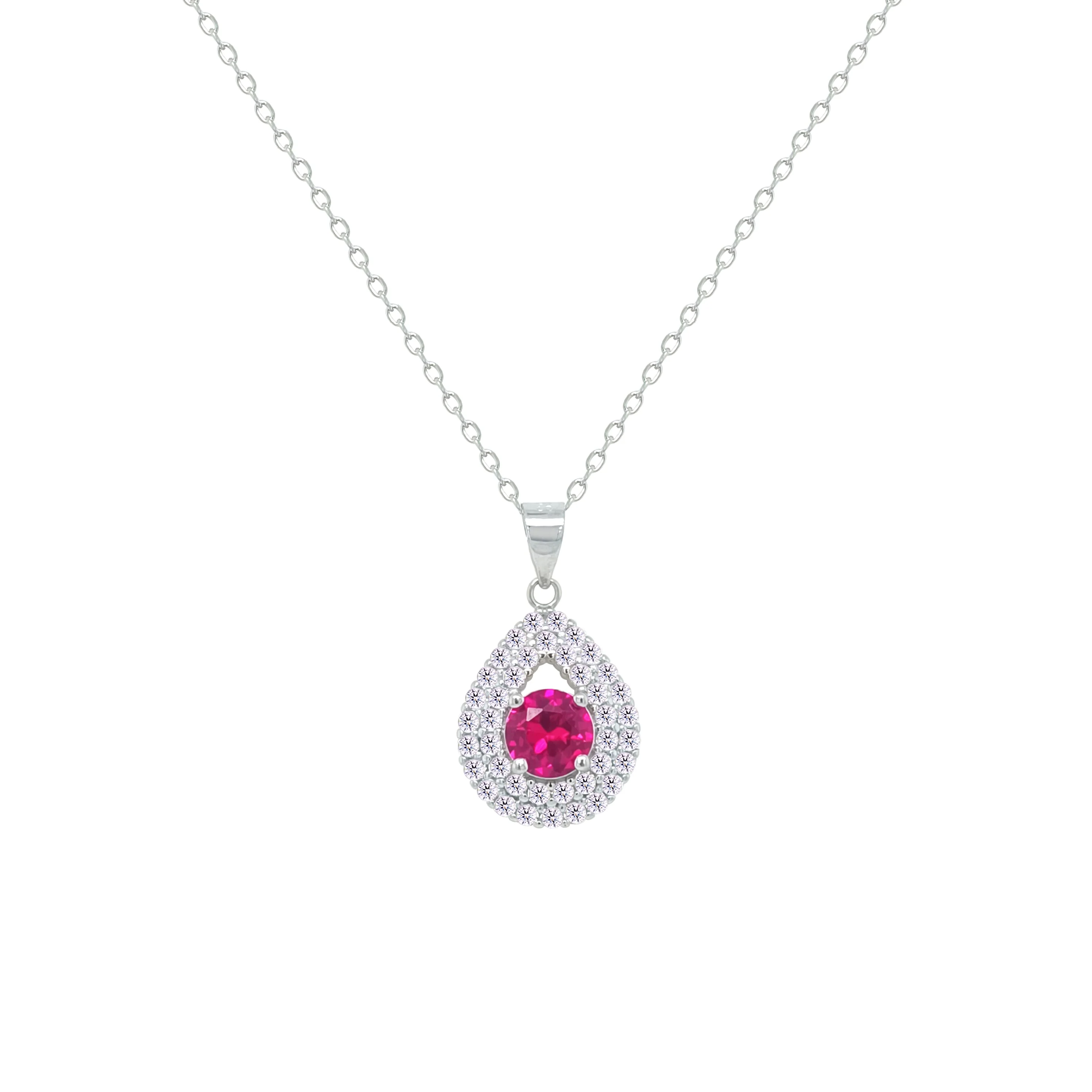 Asfour Crystal Chain Necklace With Halo Ruby Pear Pendant In 925 Sterling Sliver-NM0109-WR - Image 2