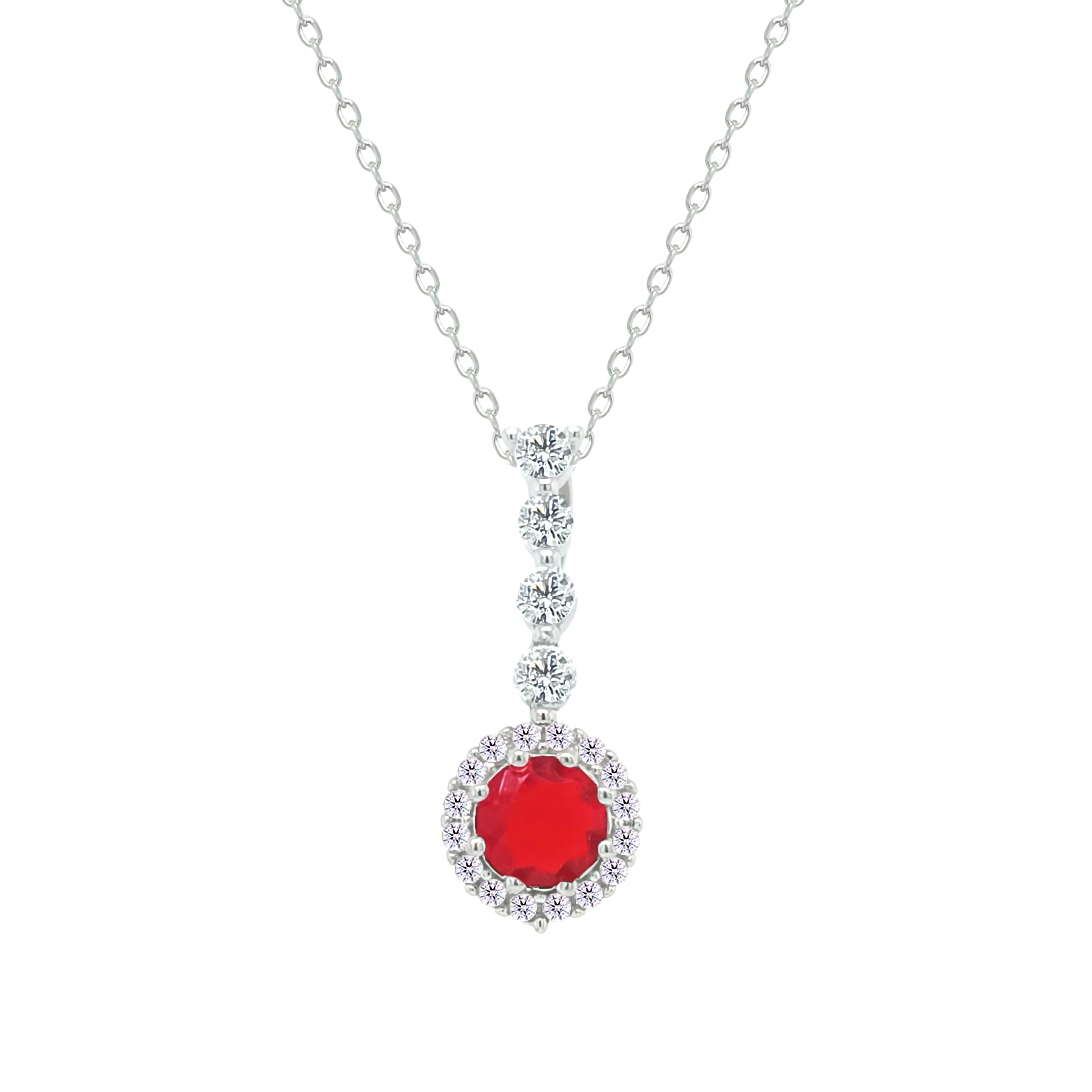 Asfour Crystal Chain Necklace With Halo Ruby Round Zircon Pendant In 925 Sterling Silver-NM0105-R