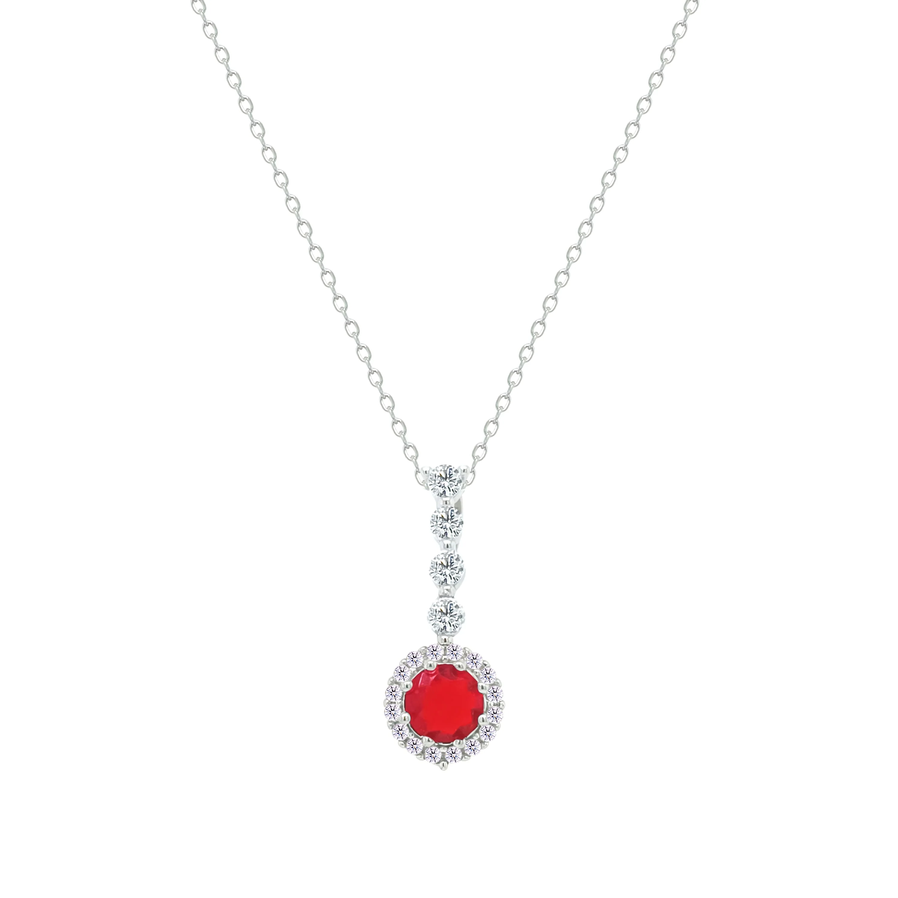 Asfour Crystal Chain Necklace With Halo Ruby Round Zircon Pendant In 925 Sterling Silver-NM0105-R - Image 2