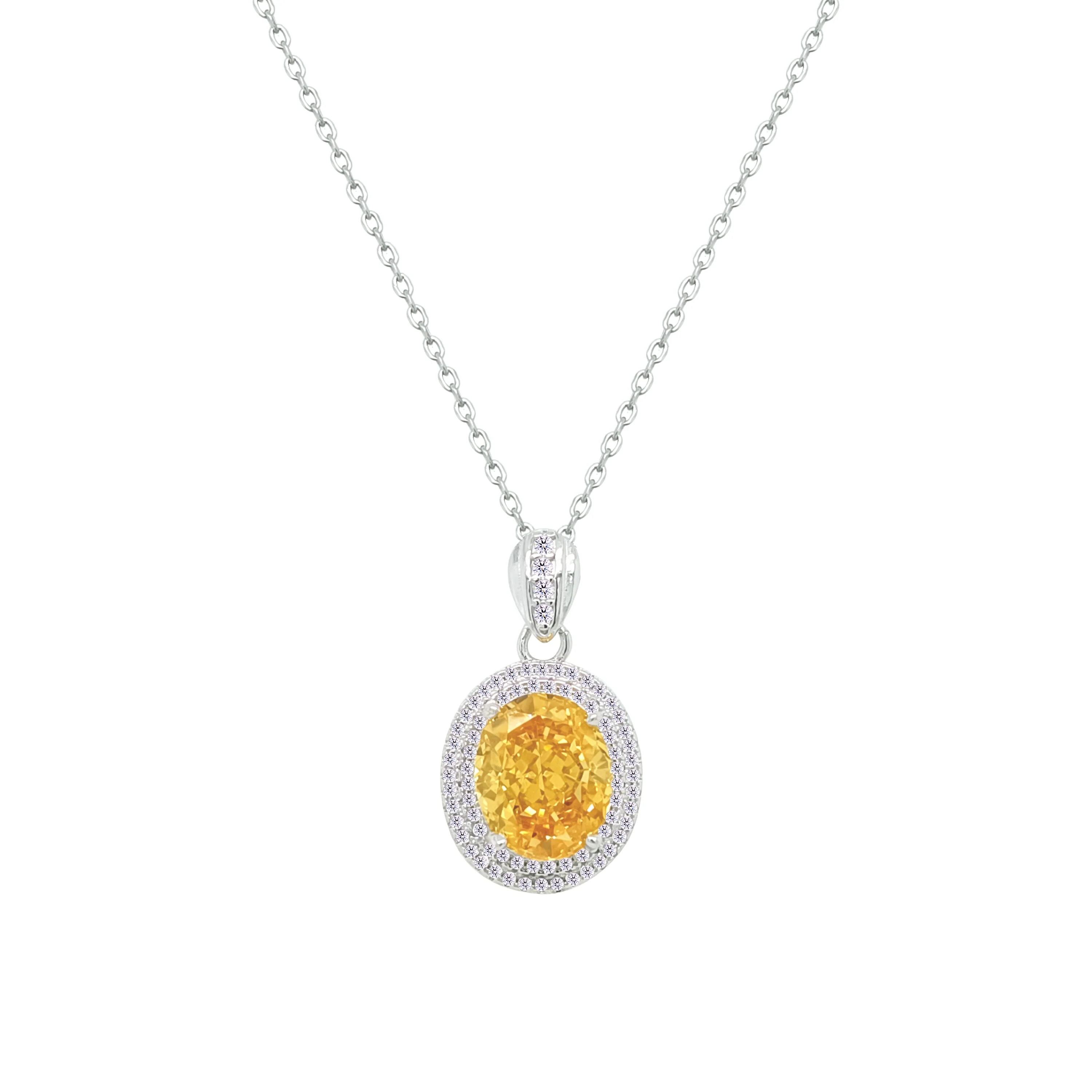 Asfour Crystal Chain Necklace With Halo Yellow Oval Pendant In 925 Sterling Silver-ND0563-Y - Image 2