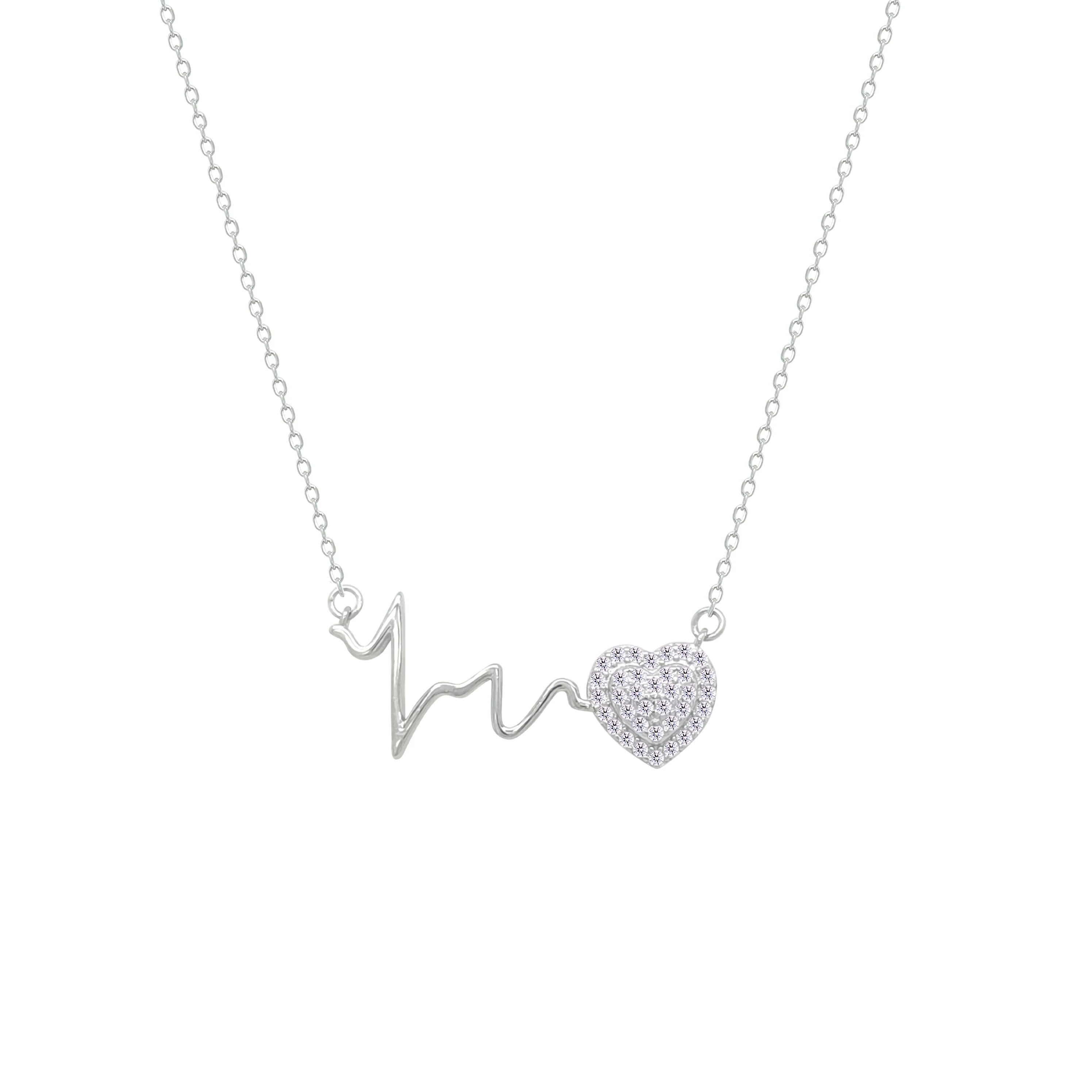 Asfour Crystal Chain Necklace With Heart & Heartbeat Pendant In 925 Sterling Silver-NM0078 - Image 2