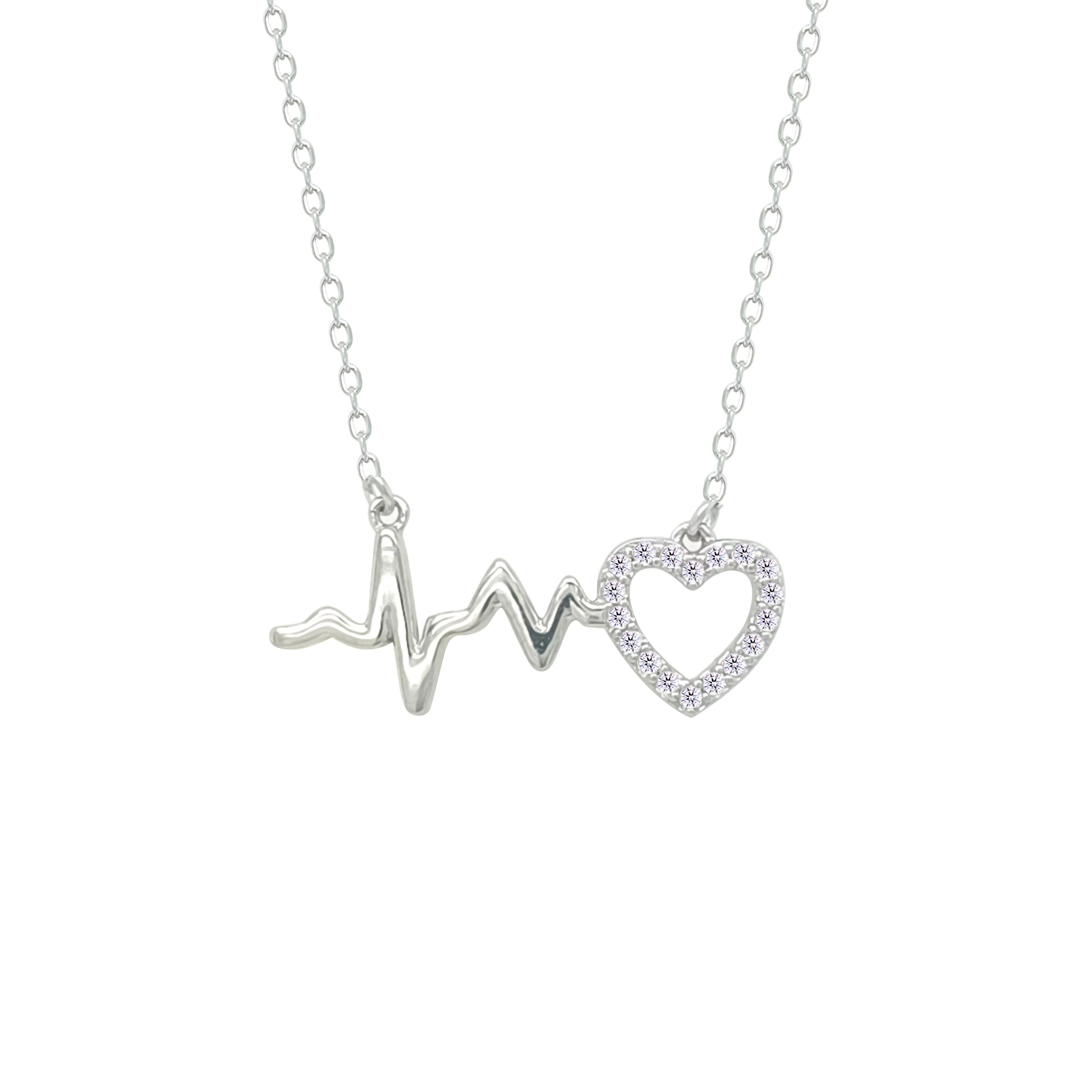 Asfour Crystal Chain Necklace With Heart & Heartbeat Pendant In 925 Sterling Silver-NM0080
