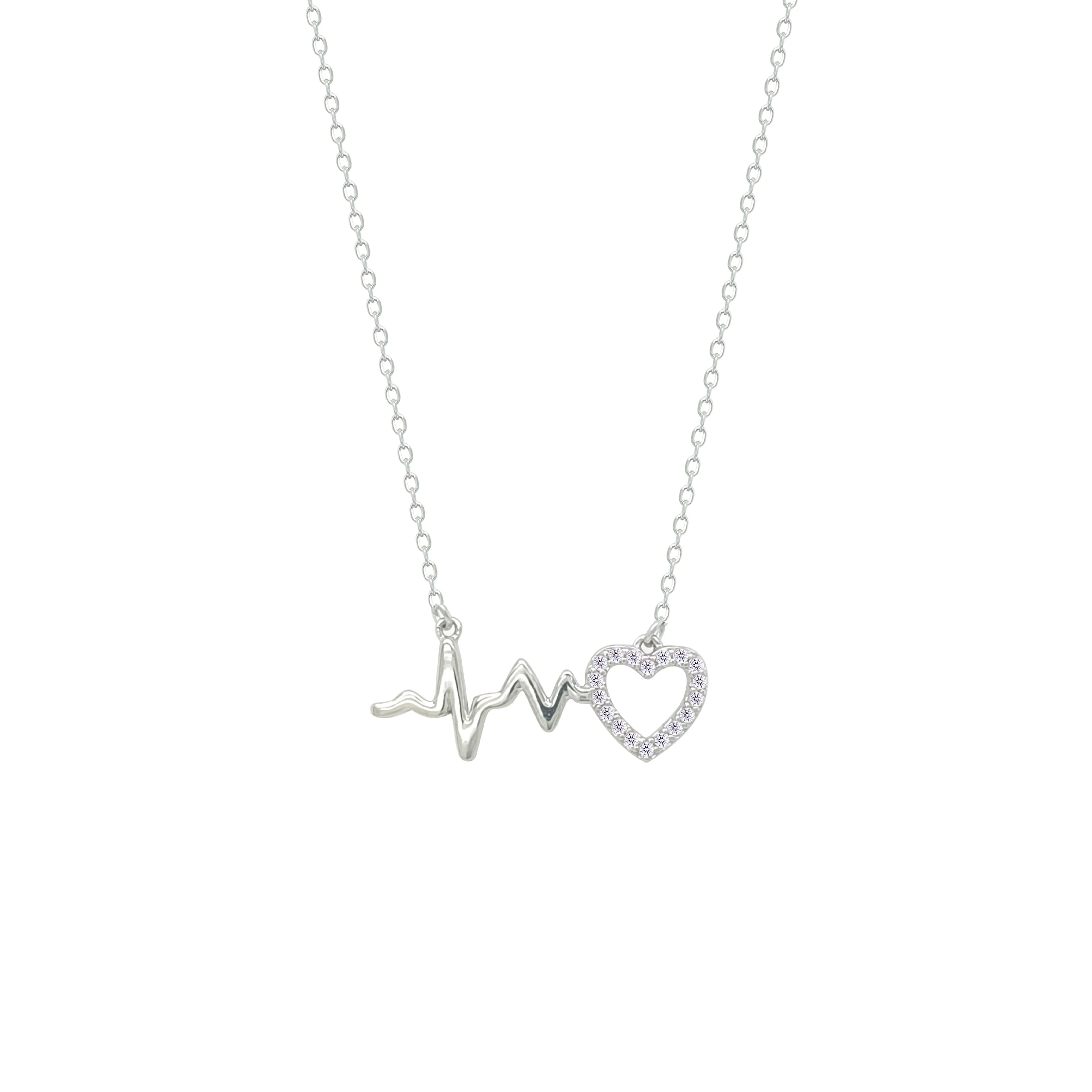 Asfour Crystal Chain Necklace With Heart & Heartbeat Pendant In 925 Sterling Silver-NM0080 - Image 2