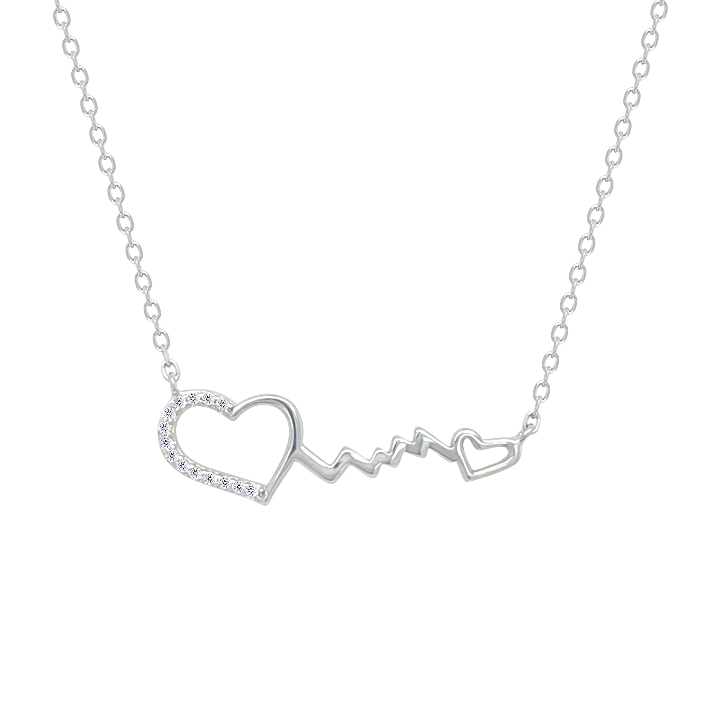 Asfour Crystal Chain Necklace With Hearts & Heartbeat Pendant In 925 Sterling Silver-NM0081