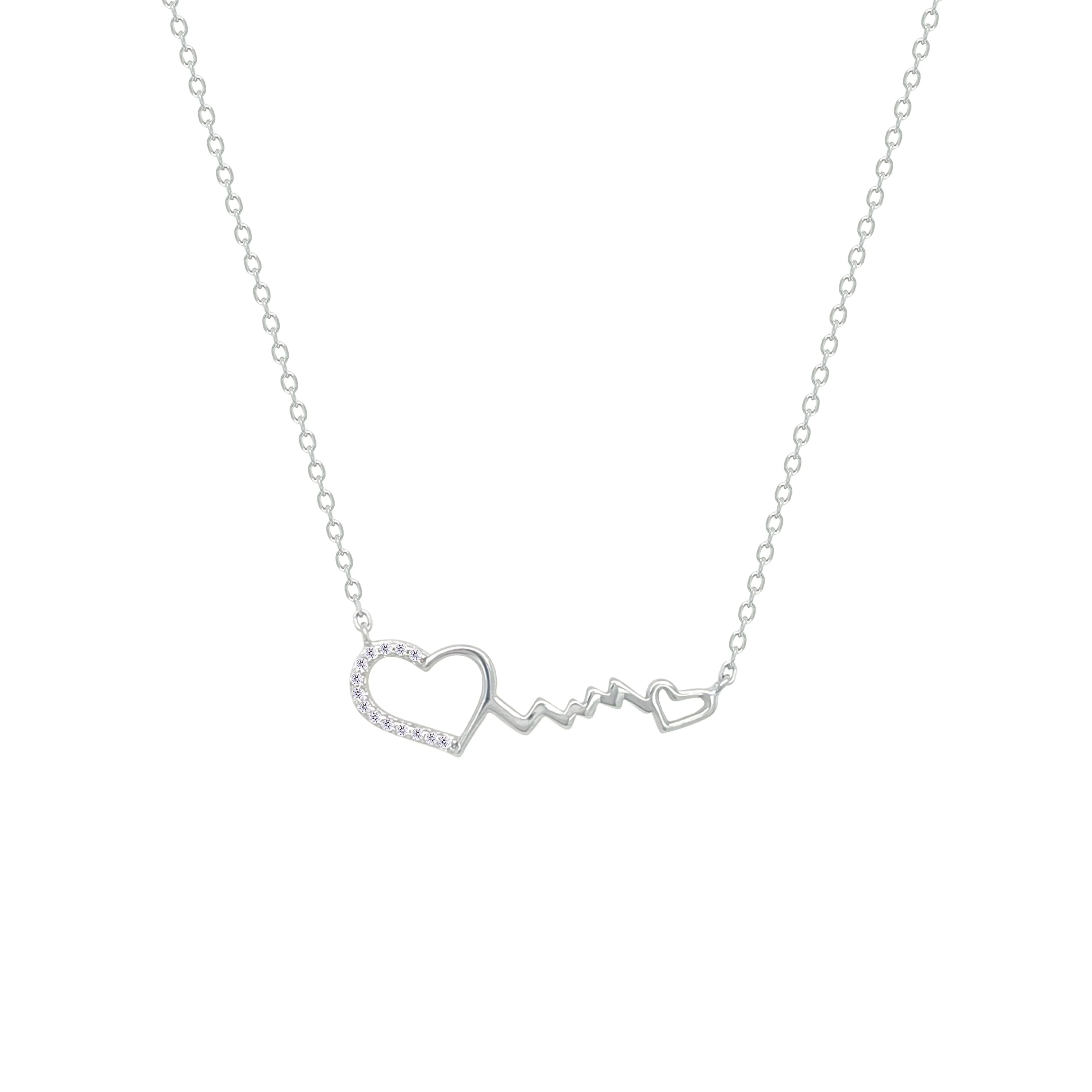 Asfour Crystal Chain Necklace With Hearts & Heartbeat Pendant In 925 Sterling Silver-NM0081 - Image 2