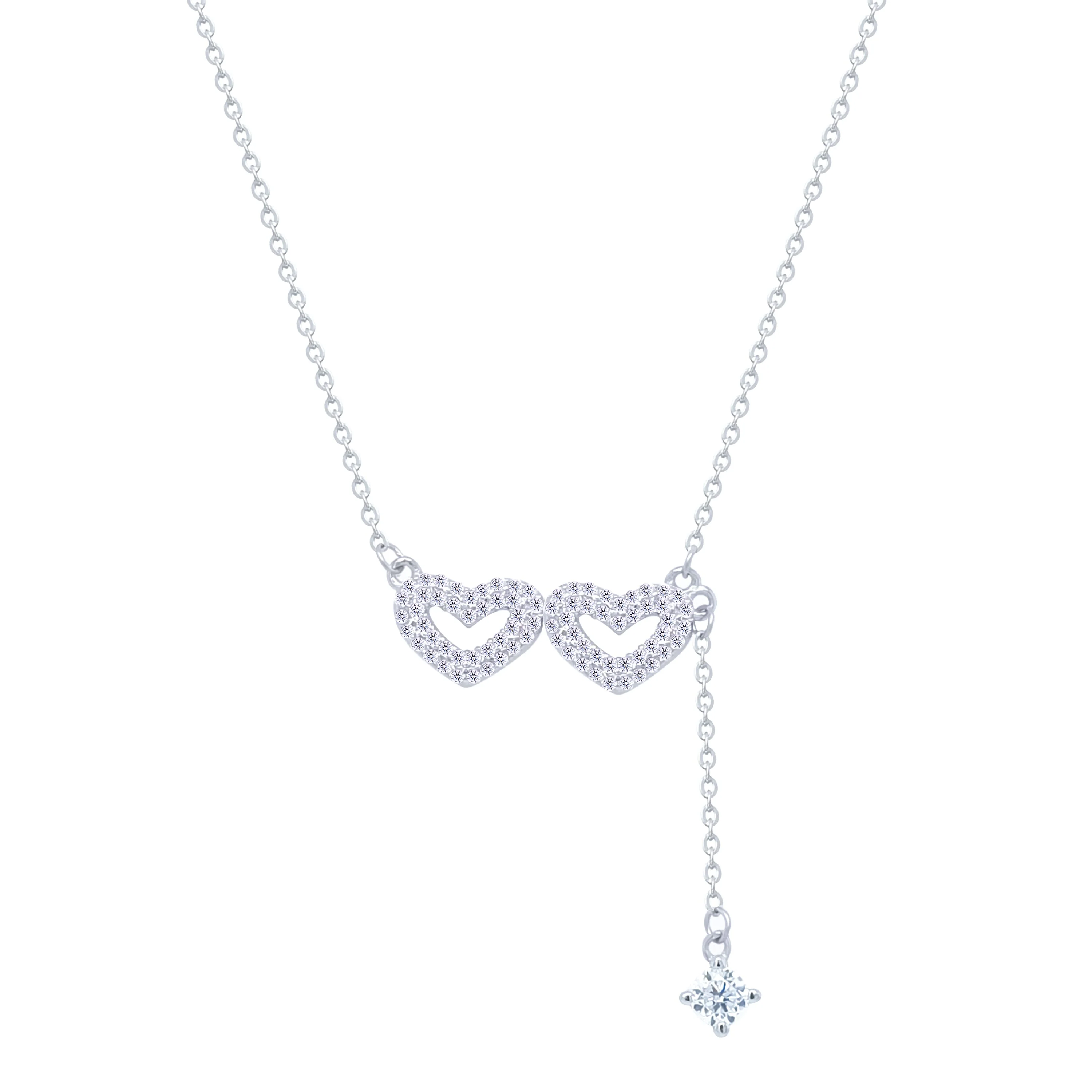 Asfour Crystal Chain Necklace With Hearts Pendant In 925 Sterling Silver-ND0529 - Image 2